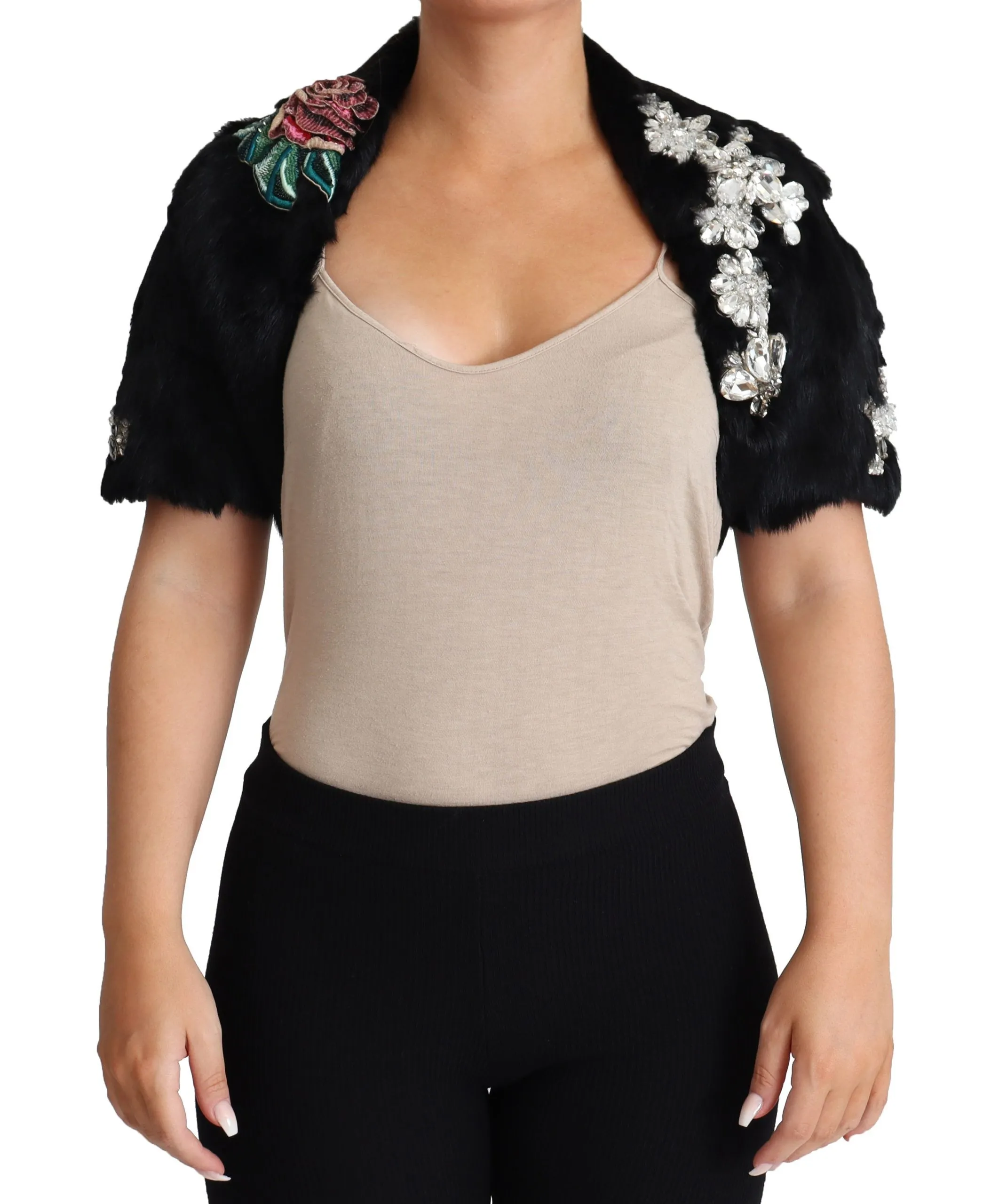 Dolce & Gabbana Women's Elegant Black Rabbit Fur Crystal Jacket