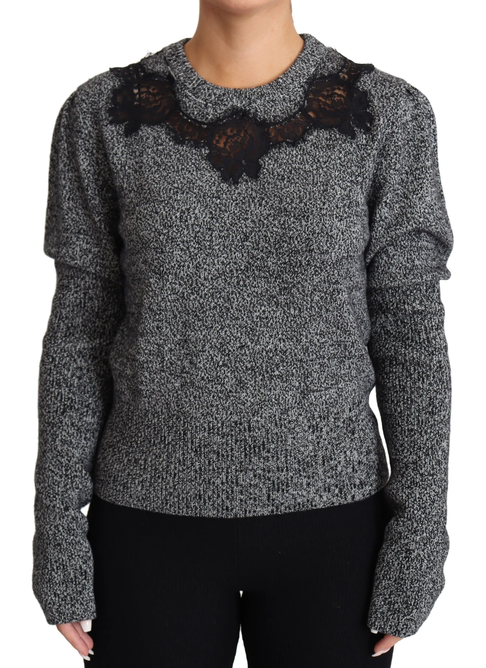 Dolce & Gabbana Women's Elegant Grey Cashmere Lace-Trim Sweater