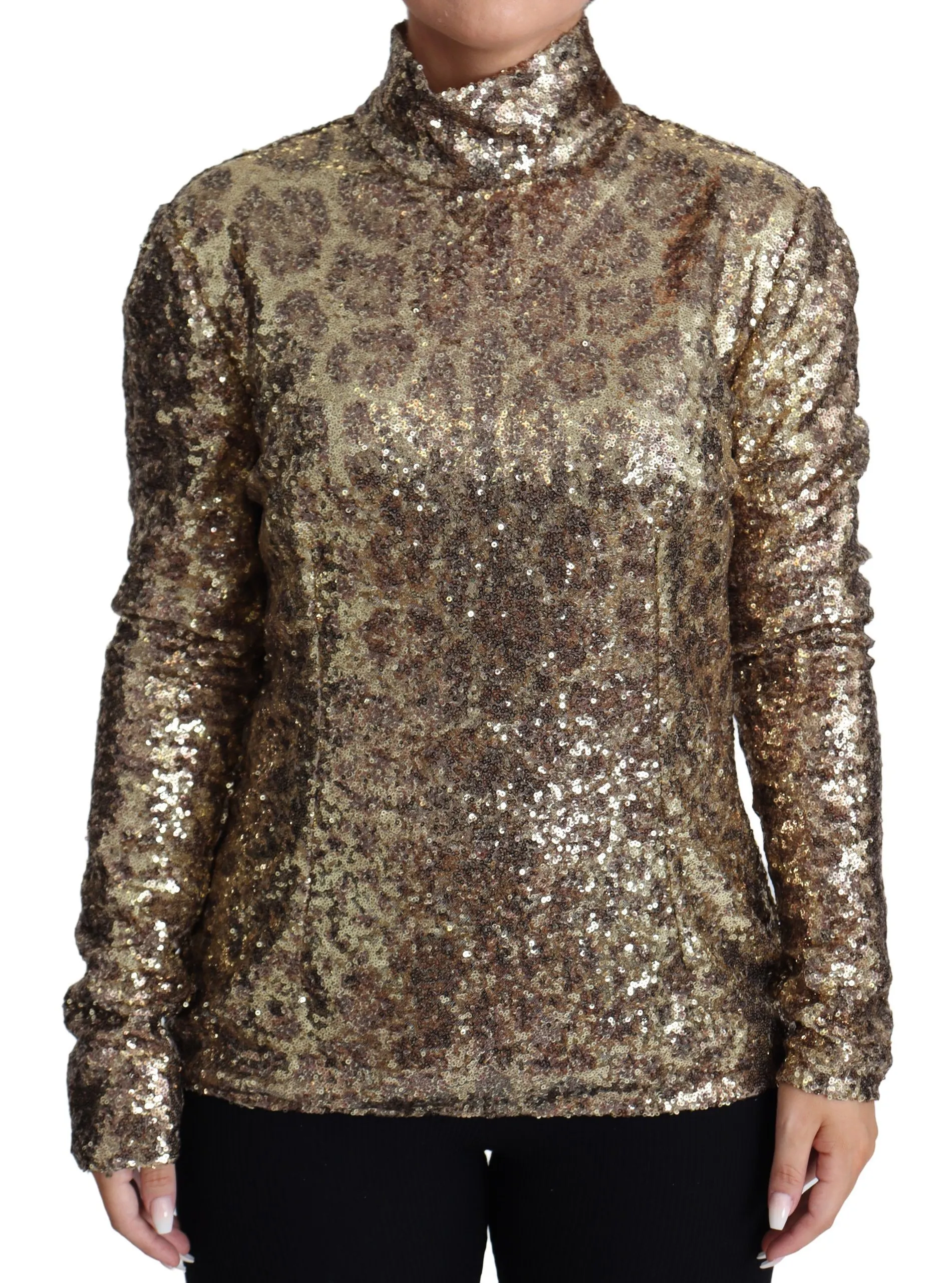 Dolce & Gabbana Women's Sequined Turtleneck Full Zip Sweater in Brown