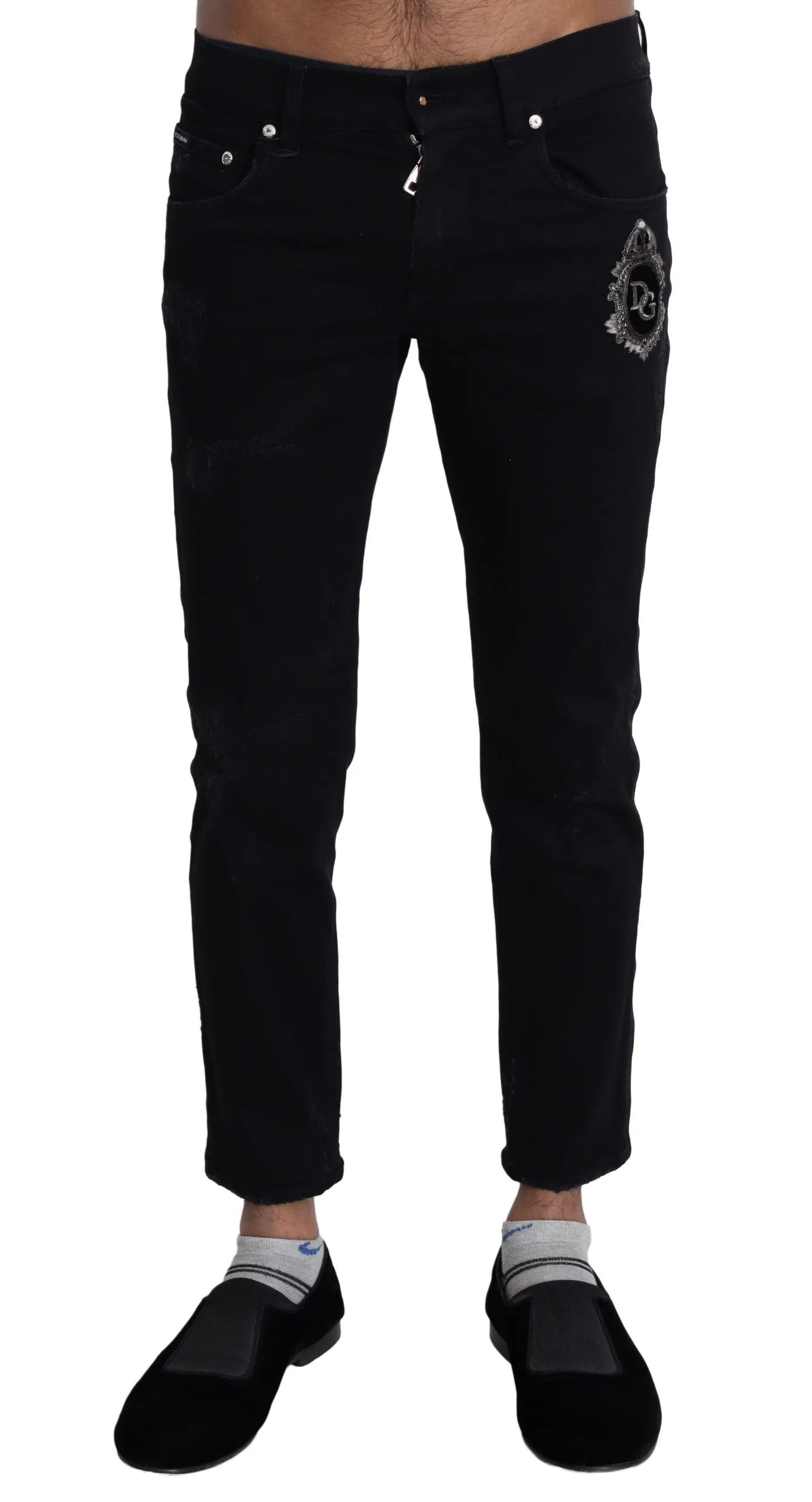 Dolce & Gabbana Men's Elegant Skinny Black Jeans with Embroidery