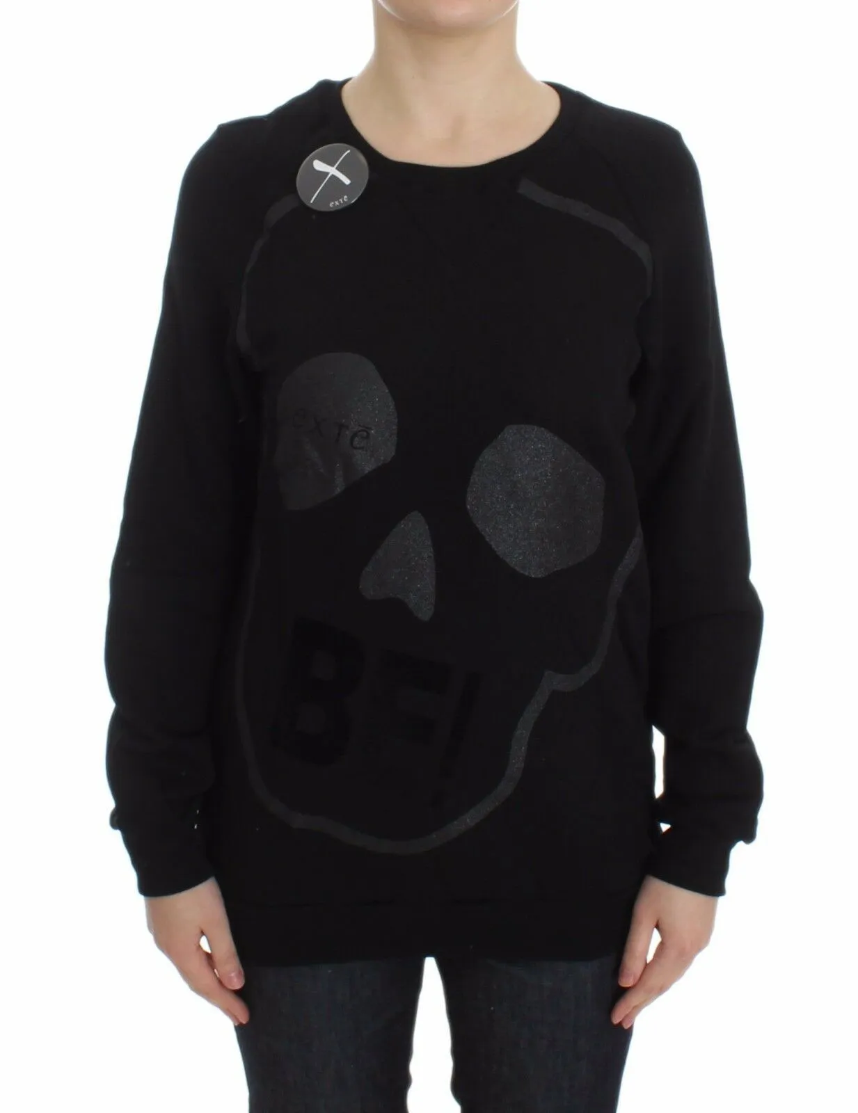 Exte Women's Chic Skull Motif Crew-Neck Cotton Sweater