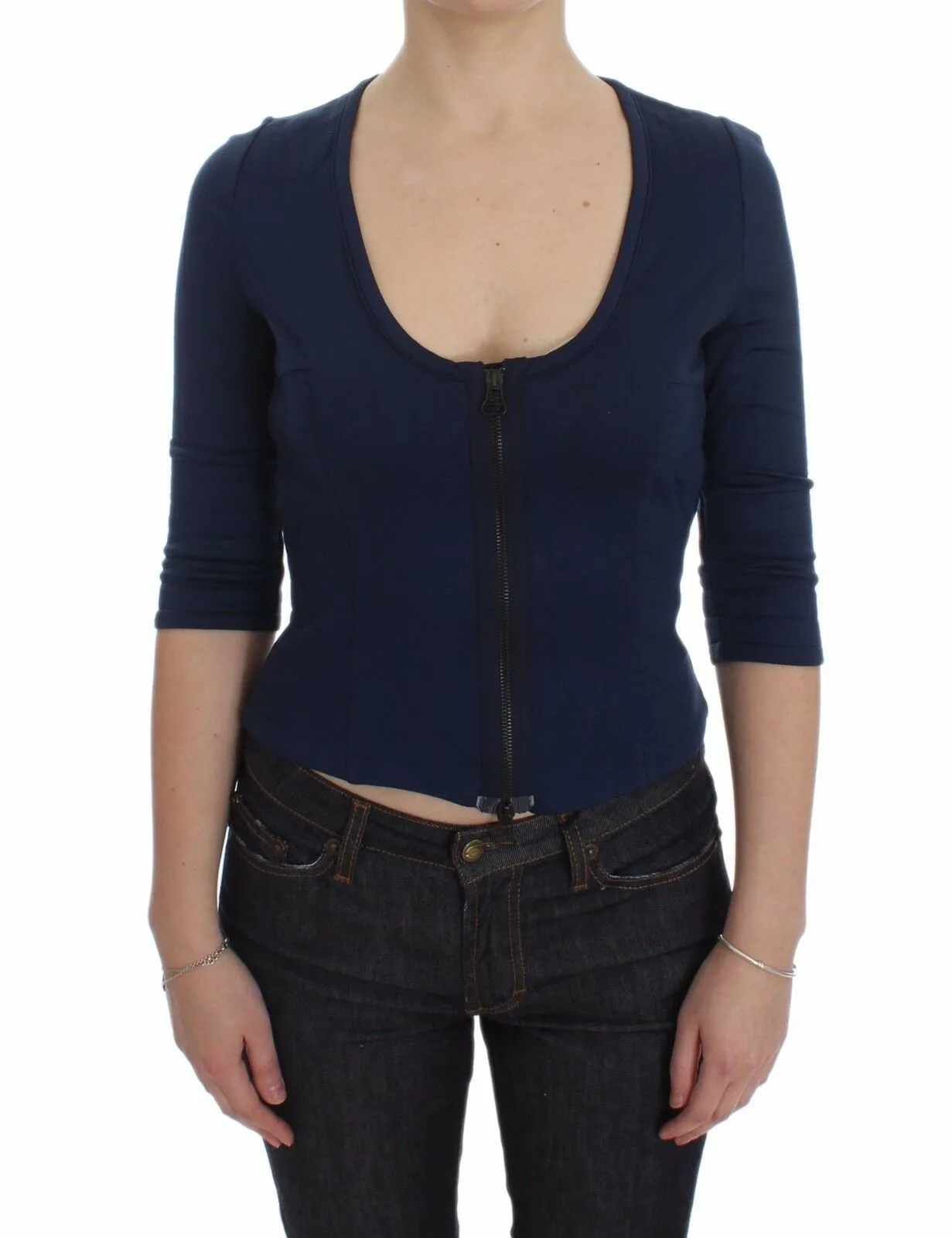 Exte Women's Chic Zippered Crew-Neck Blue Sweater