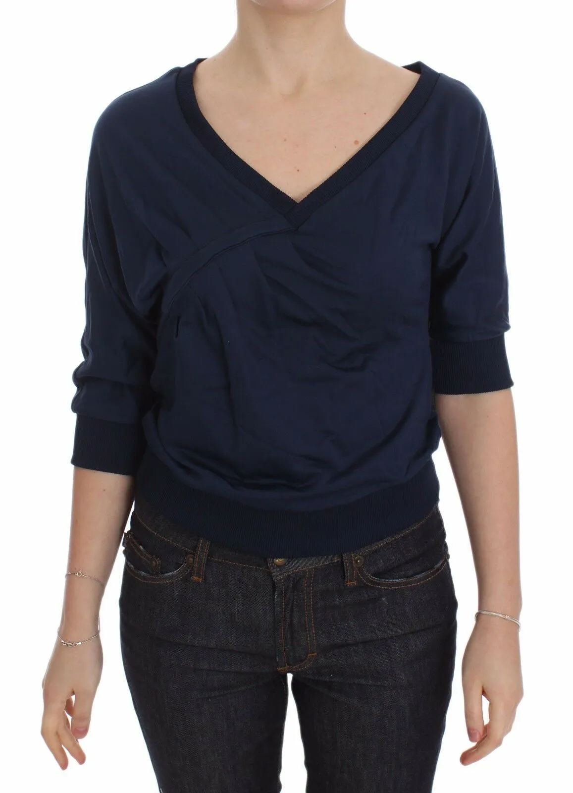 Exte Women's Elegant Deep V-Neck Sweater in Blue