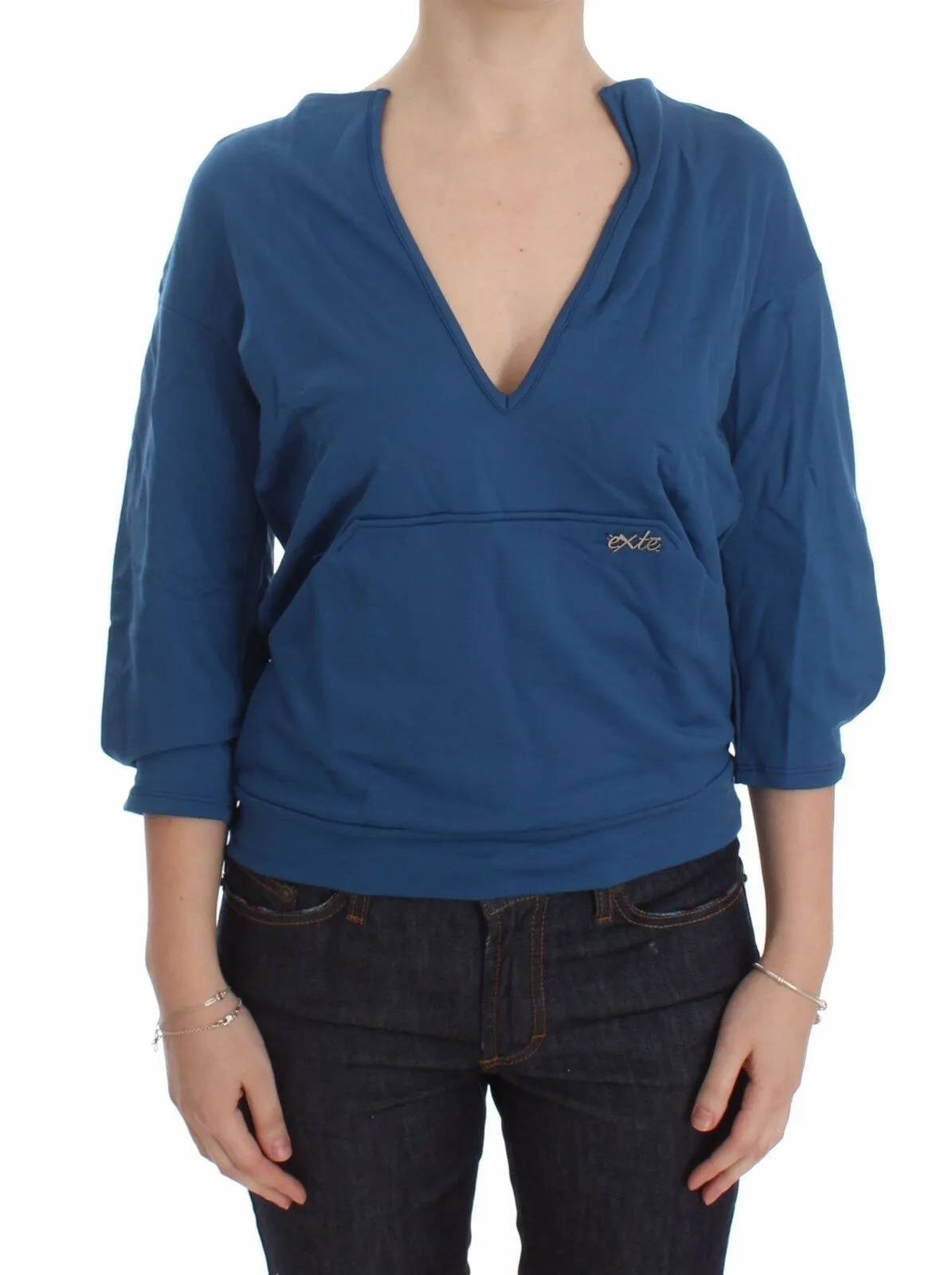 Exte Women's Elegant Deep V-Neck Sweater in Blue