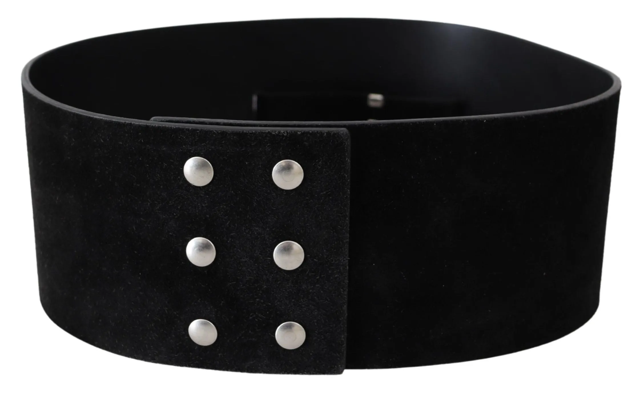 GF Ferre Women's Elegant Black Leather Wide Belt with Silver Tone Buckle
