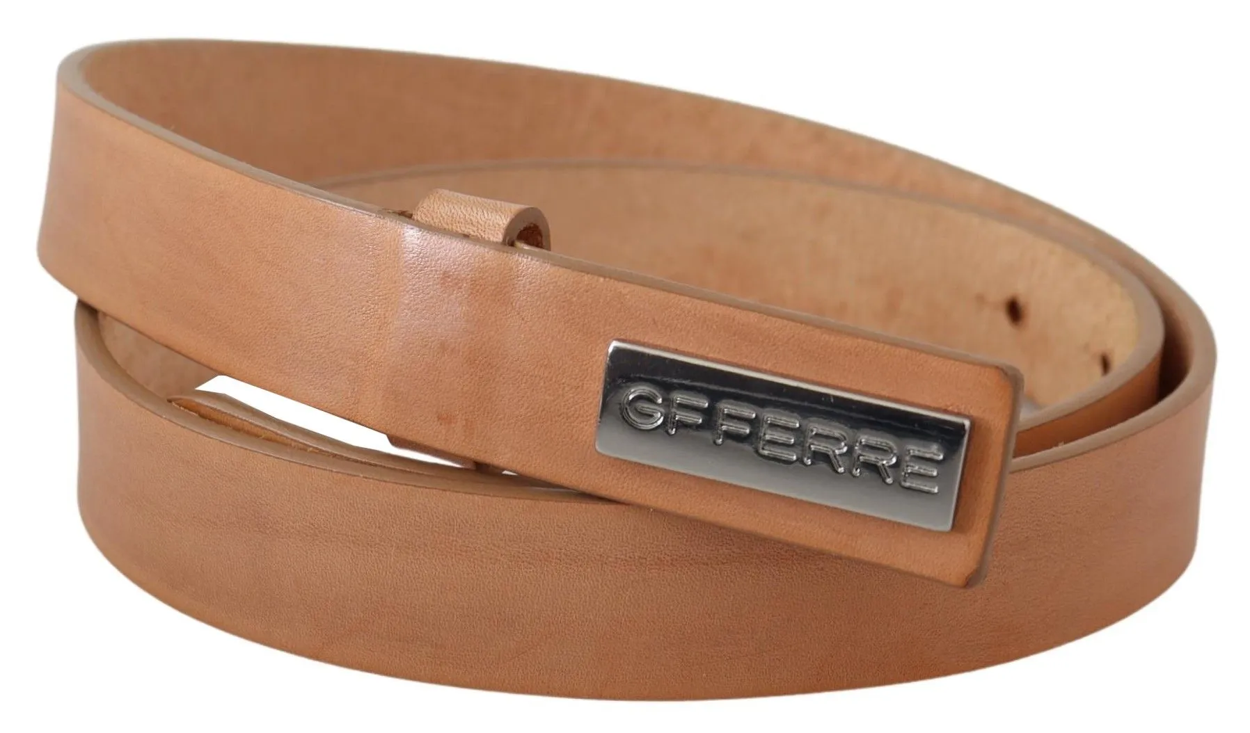 GF Ferre Women's Elegant Light Brown Leather Belt with Logo Buckle