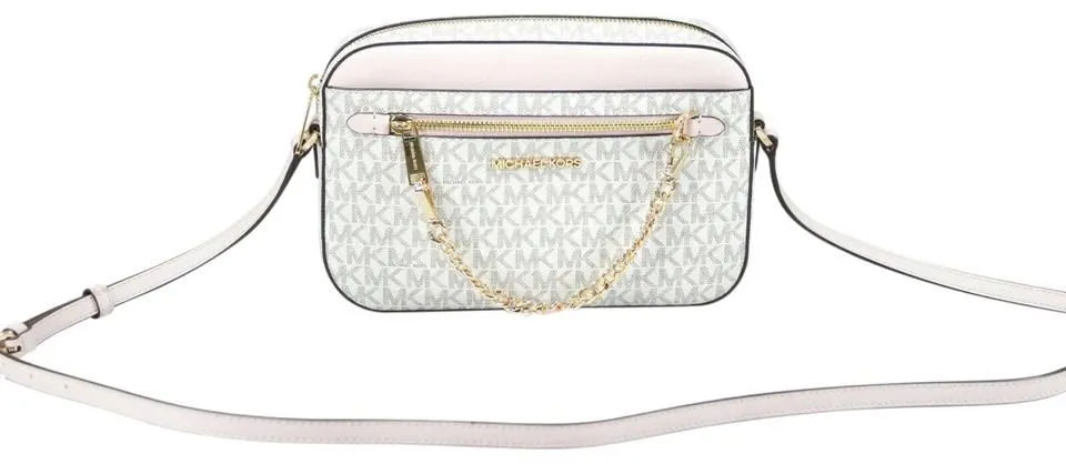 Michael Kors Women's Jet Set Item Large East West Signature Leather Zip Chain Crossbody Handbag (Vanilla PVC/Powder Blush)