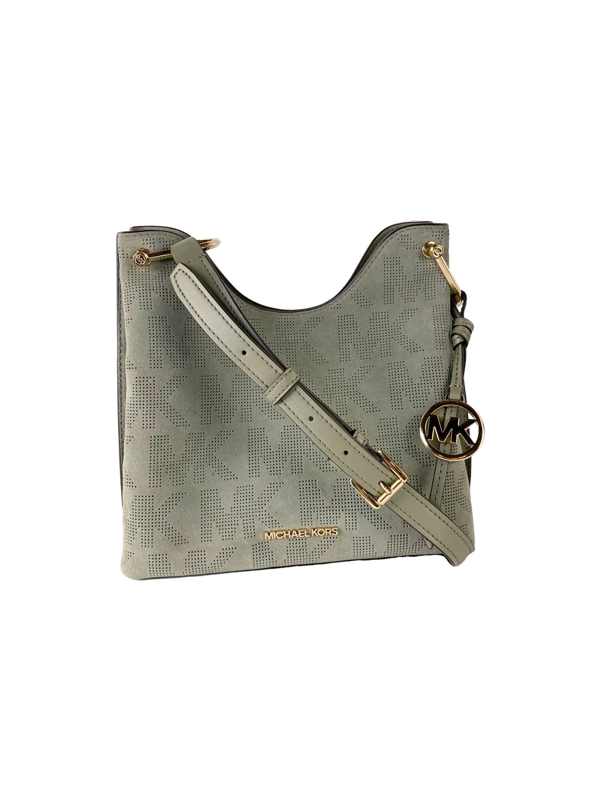 Michael Kors Women's Joan Large Perforated Suede Leather Slouchy Messenger Handbag (Army Green)