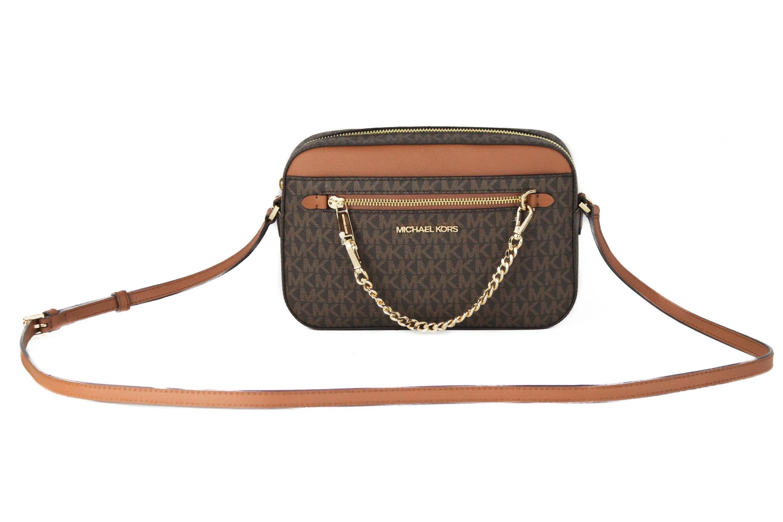 Michael Kors Women's Jet Set Item Large East West Signature Leather Zip Chain Crossbody Handbag (Brown PVC/Brown)