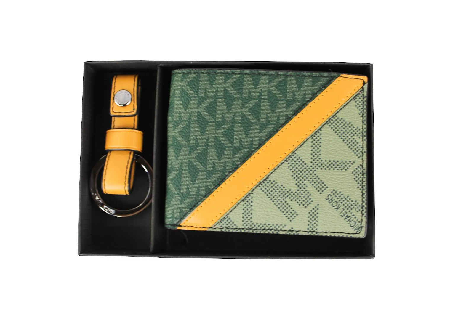 Michael Kors Women's Gifting Slim Signature Bifold with Key Fob Box Set (Green/Marigold)