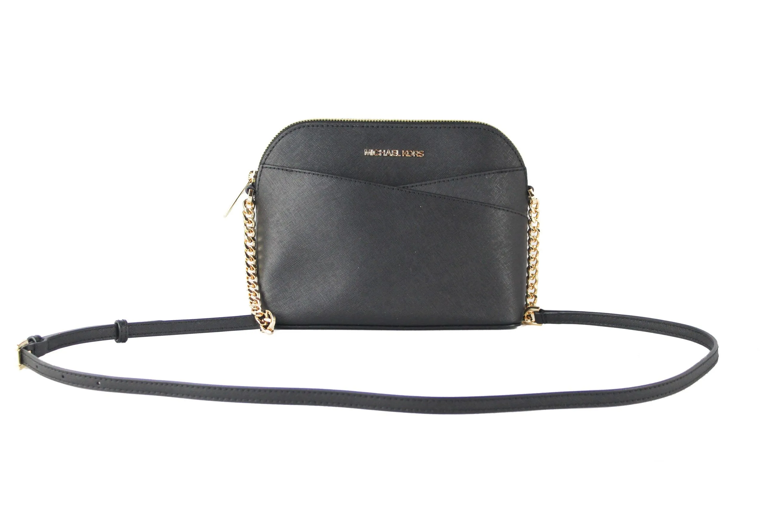 Michael Kors Women's Jet Set Travel Medium Leather X Cross Dome Crossbody Handbag (Black Solid/Gold)