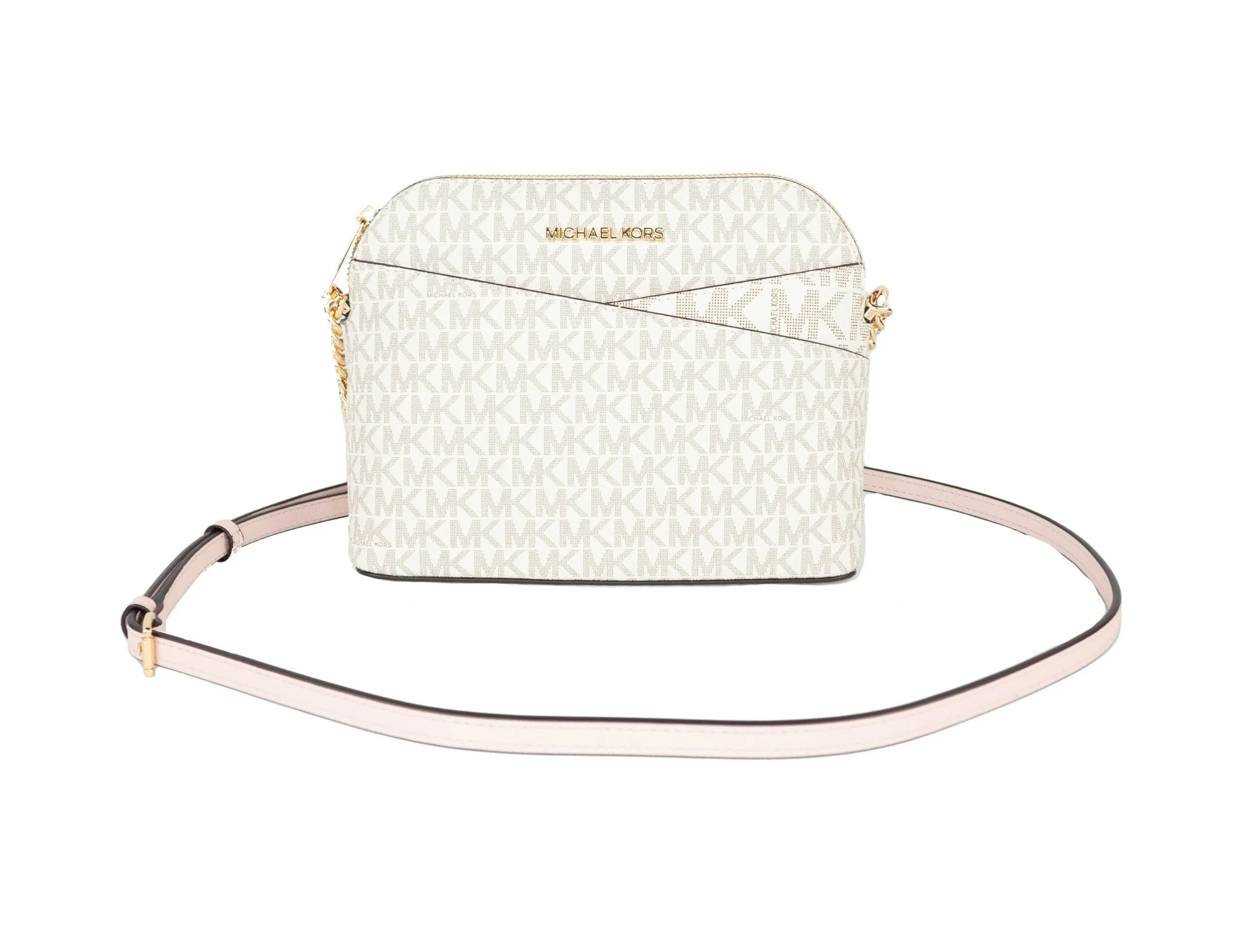 Michael Kors Women's Jet Set Travel Medium Leather X Cross Dome Crossbody Handbag (Vanilla Signature/Powder Blush)