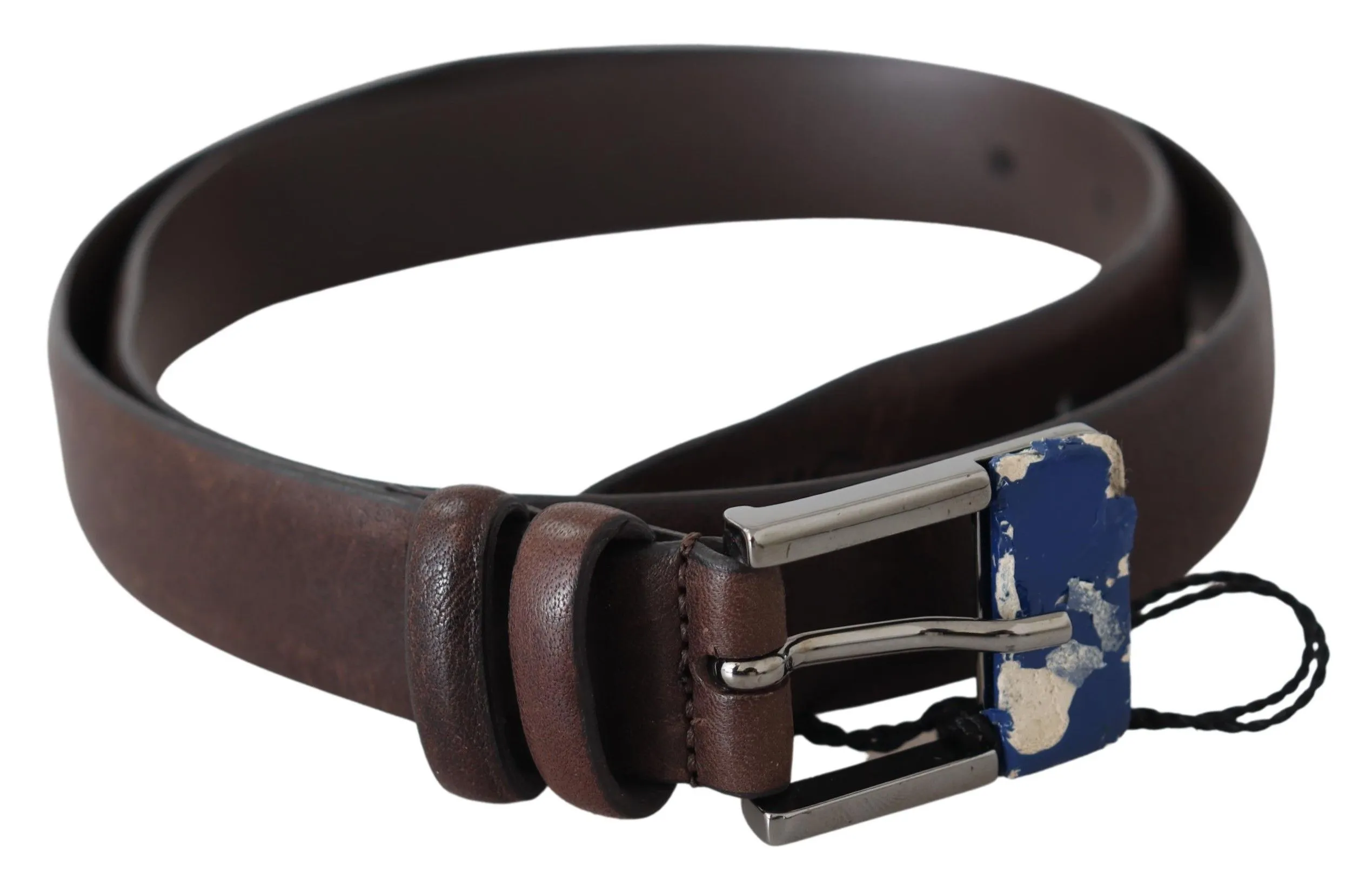 Costume National Women's Elegant Brown Leather Classic Belt with Silver-Tone Buckle