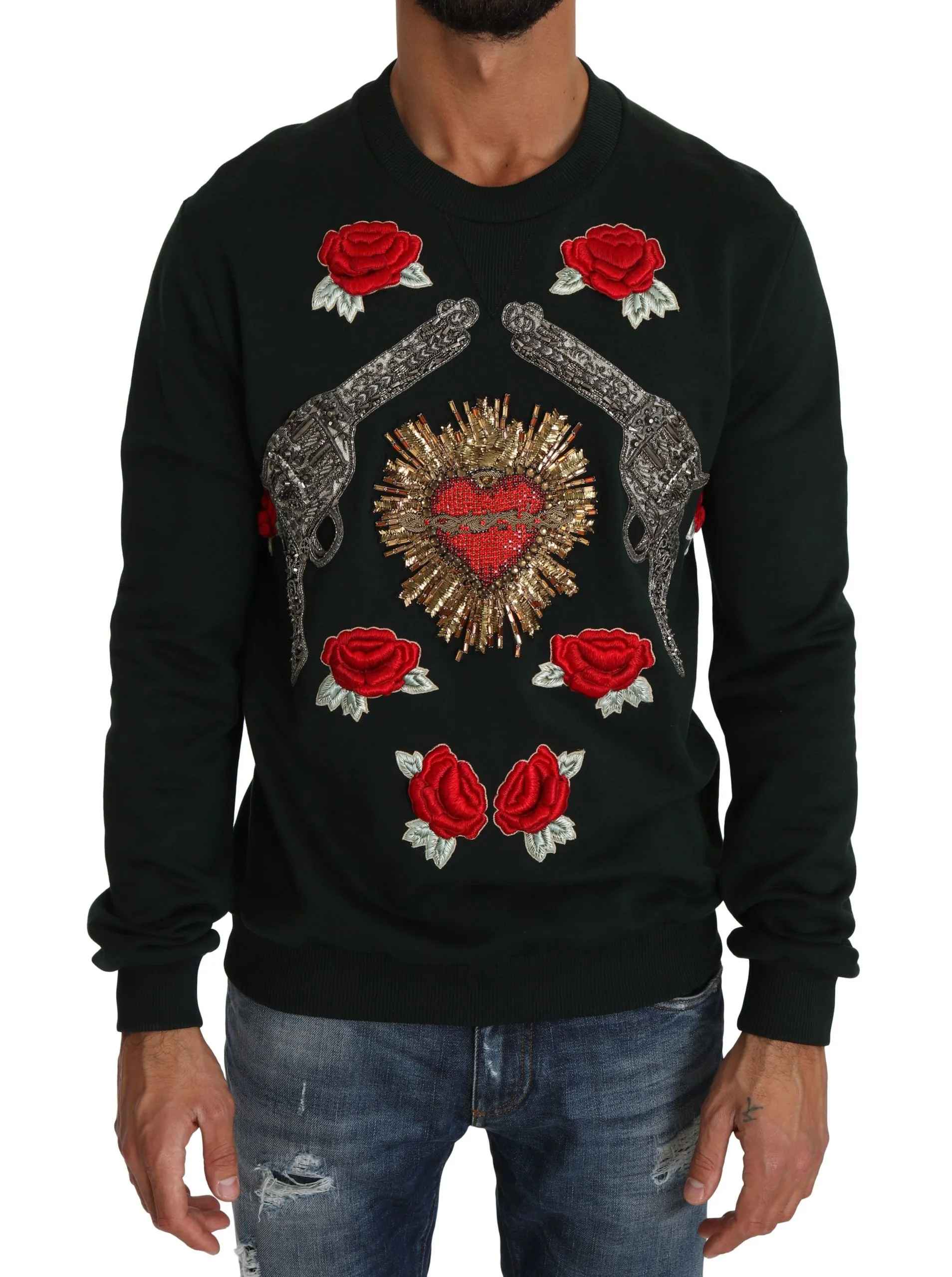 Dolce & Gabbana Men's Emerald Cotton Sweater with Crystal Embroidery