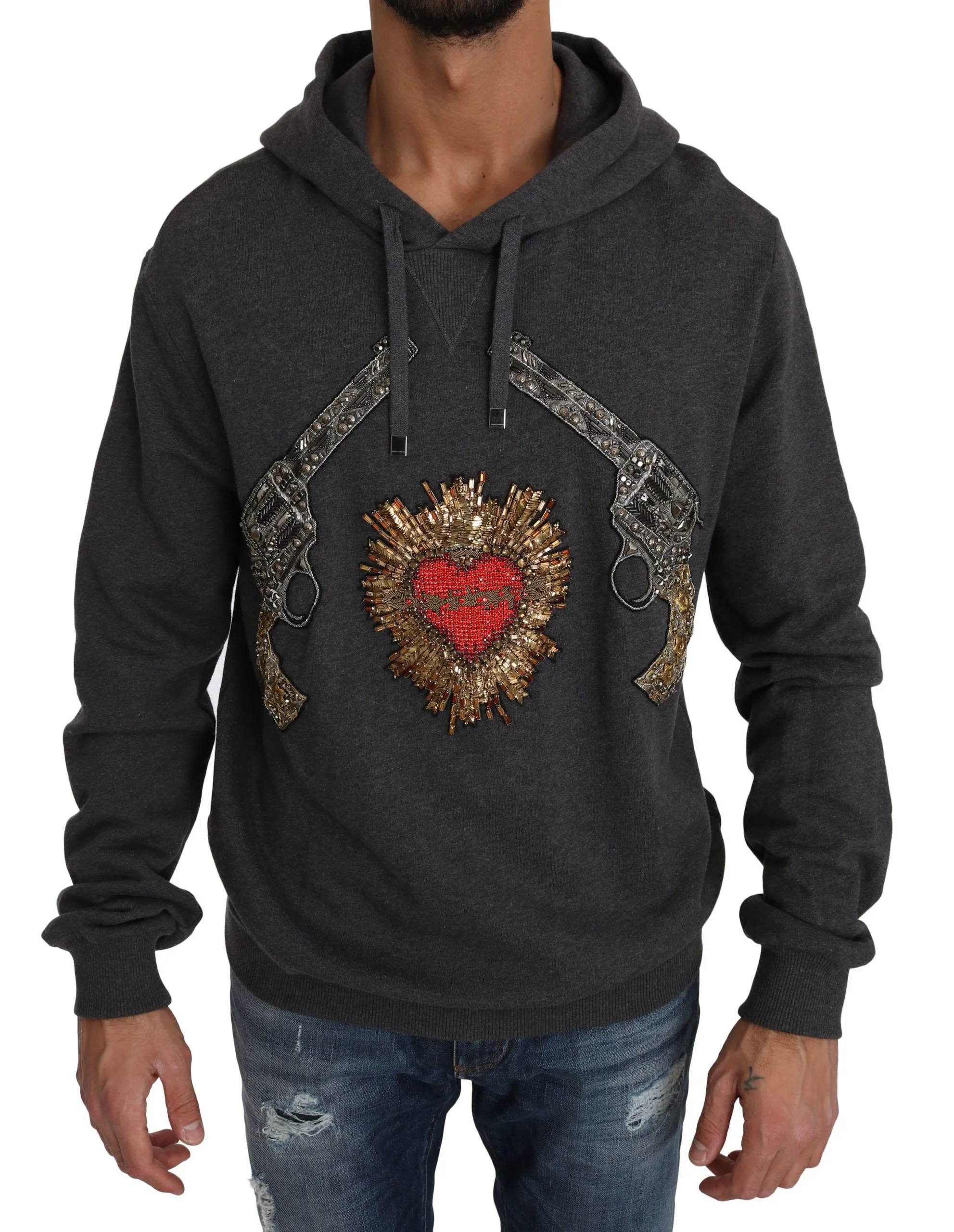 Dolce & Gabbana Men's Gray Crystal Heart Gun Motif Sweater