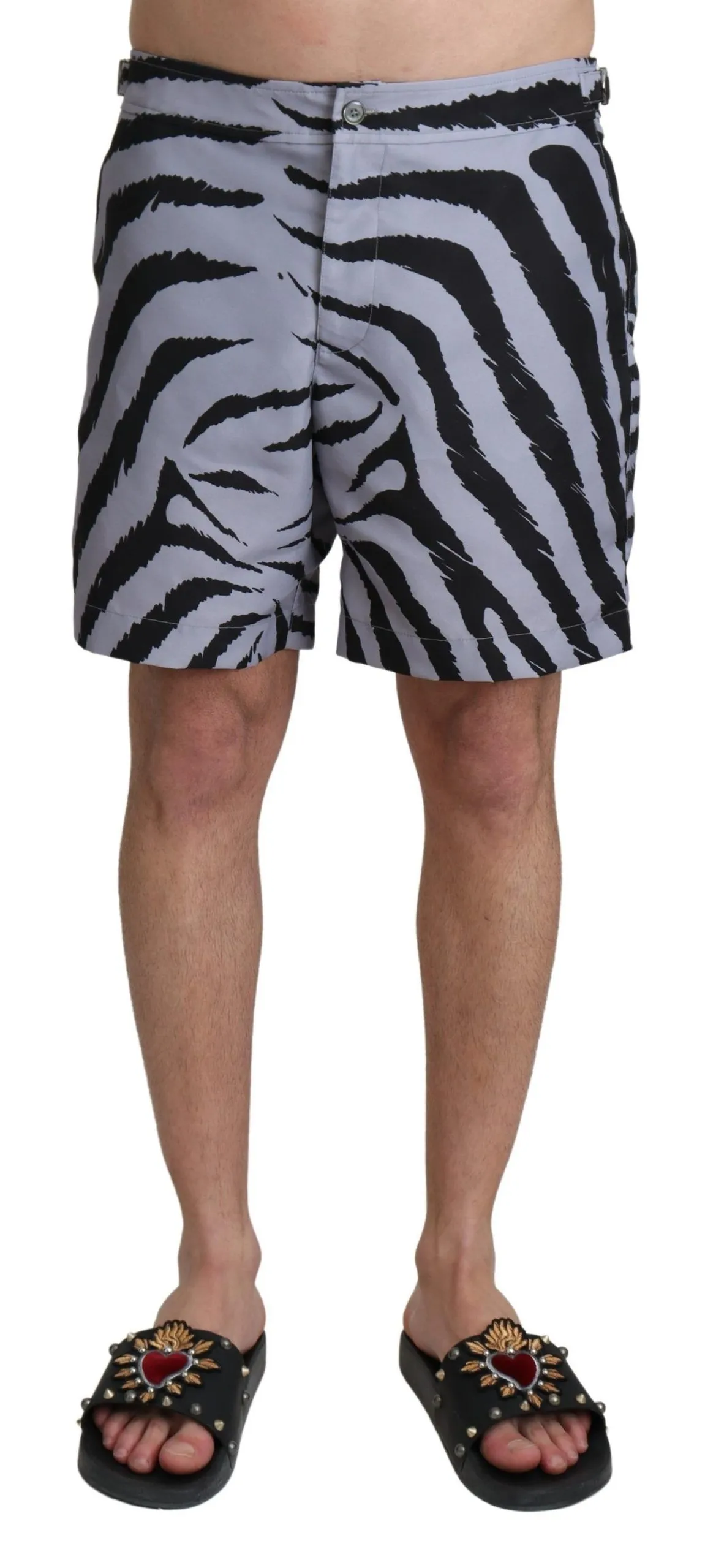 Dolce & Gabbana Men's Elegant Gray Zebra Print Swim Trunks