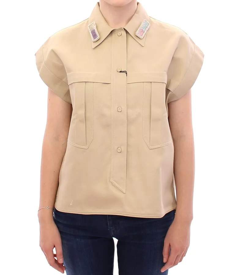 Andrea Incontri Women's Sleeveless Beige Cotton Tank Top with Brooches