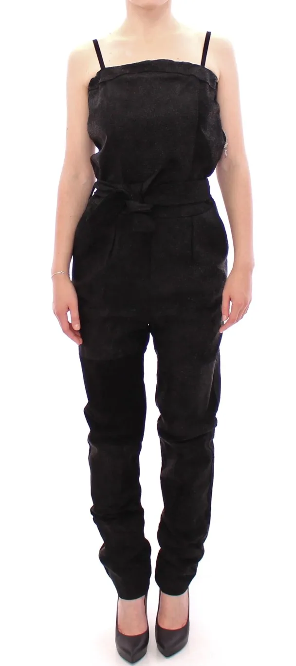 La Maison du Couturier Women's Elegant Black Leather Jumpsuit with Waist Strap