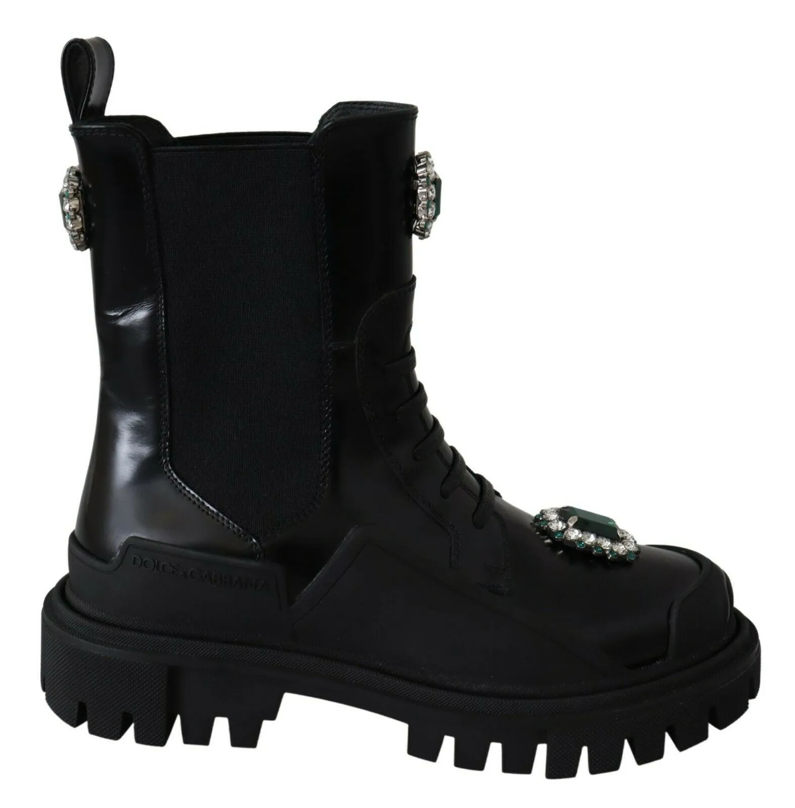 Dolce & Gabbana Women's Elegant Black Leather Combat Boots with Crystal Detail