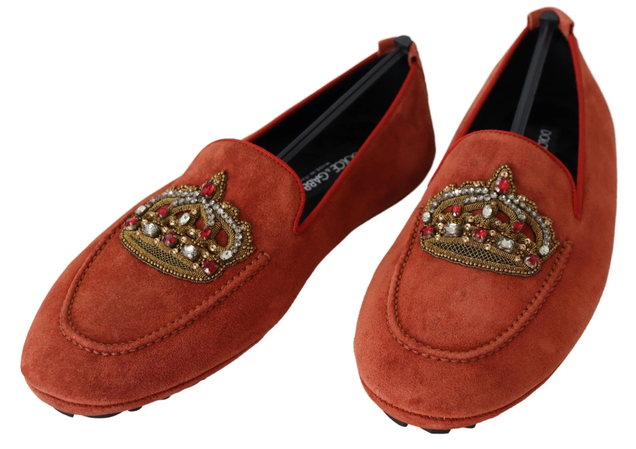 Dolce & Gabbana Men's Opulent Orange Leather Loafers with Gold Embroidery