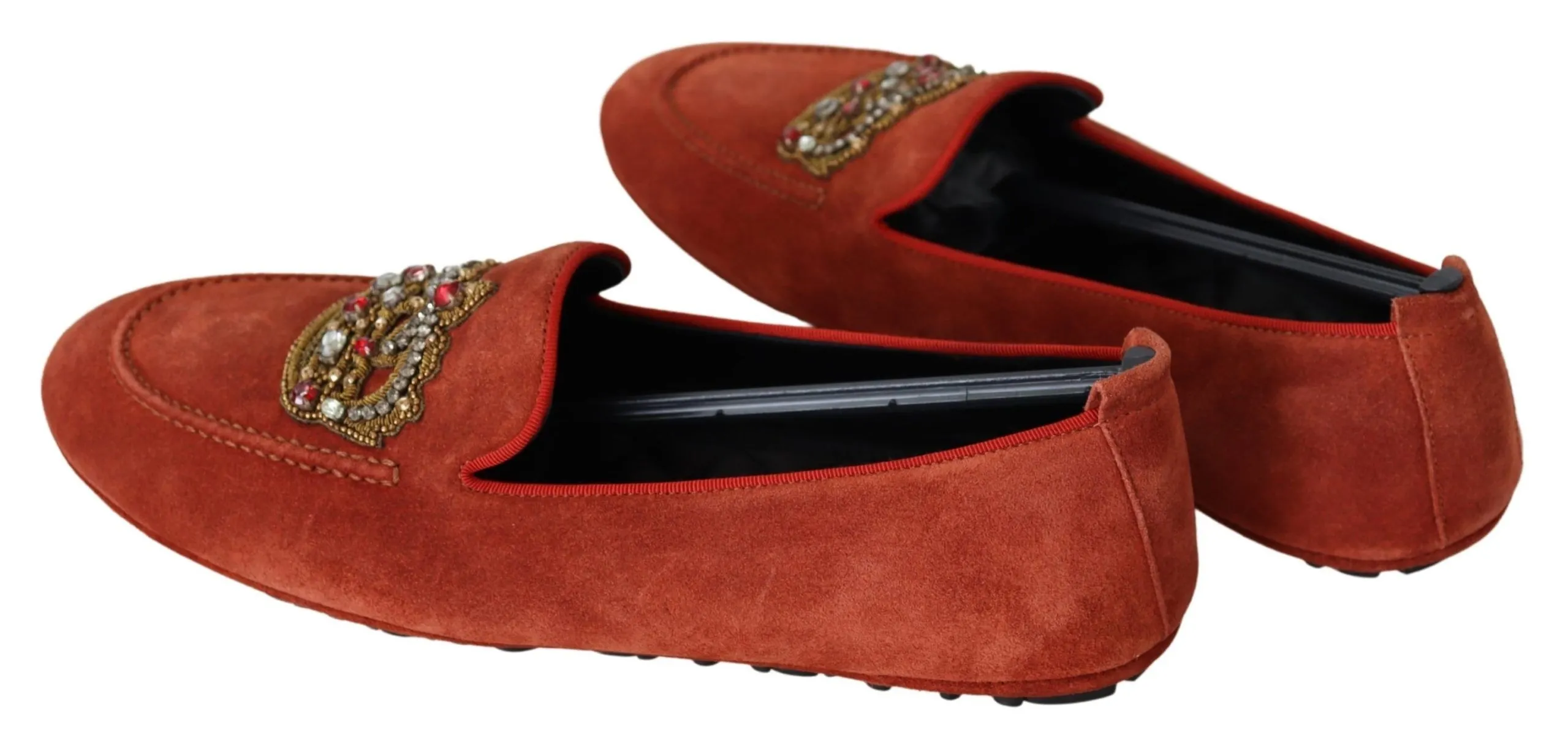 Dolce & Gabbana Men's Opulent Orange Leather Loafers with Gold Embroidery