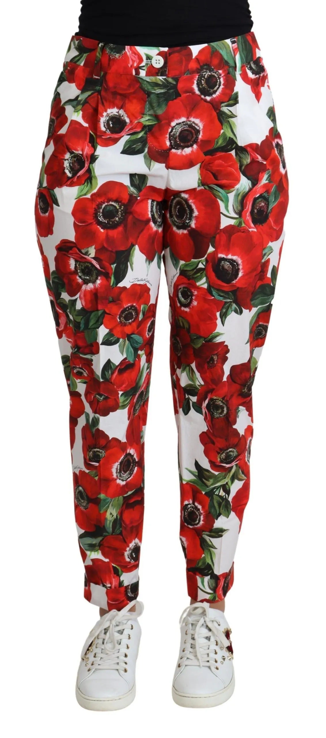 Dolce & Gabbana Women's Elegant White Poppy Print Tapered Pants