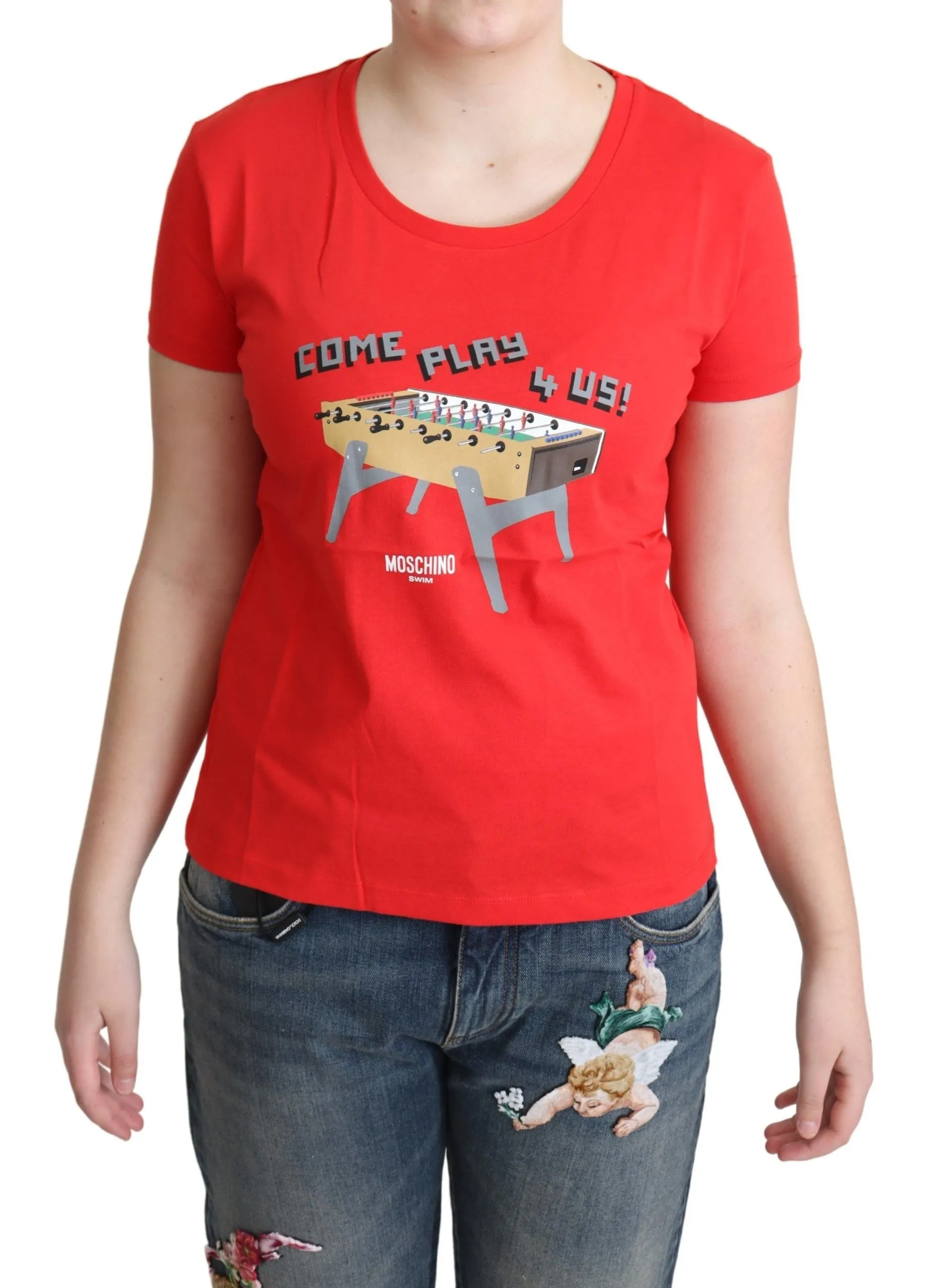 Moschino Women's Chic Red Cotton Tee with Playful Print