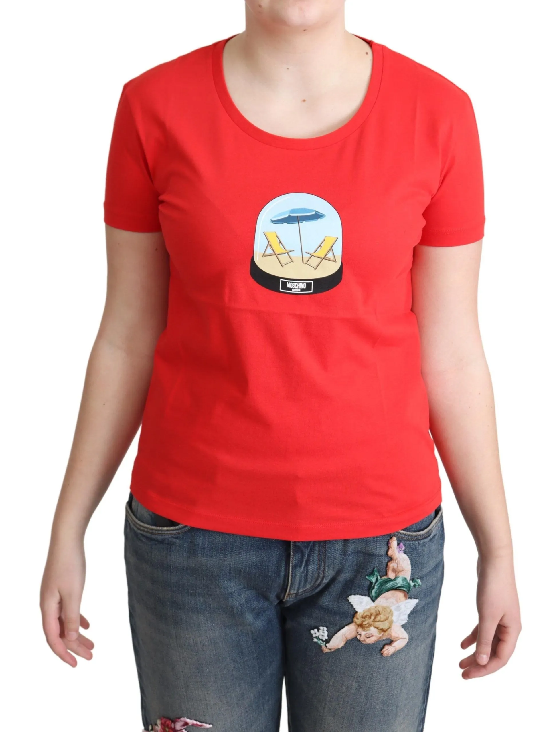 Moschino Women's Chic Red Cotton Tee with Signature Print