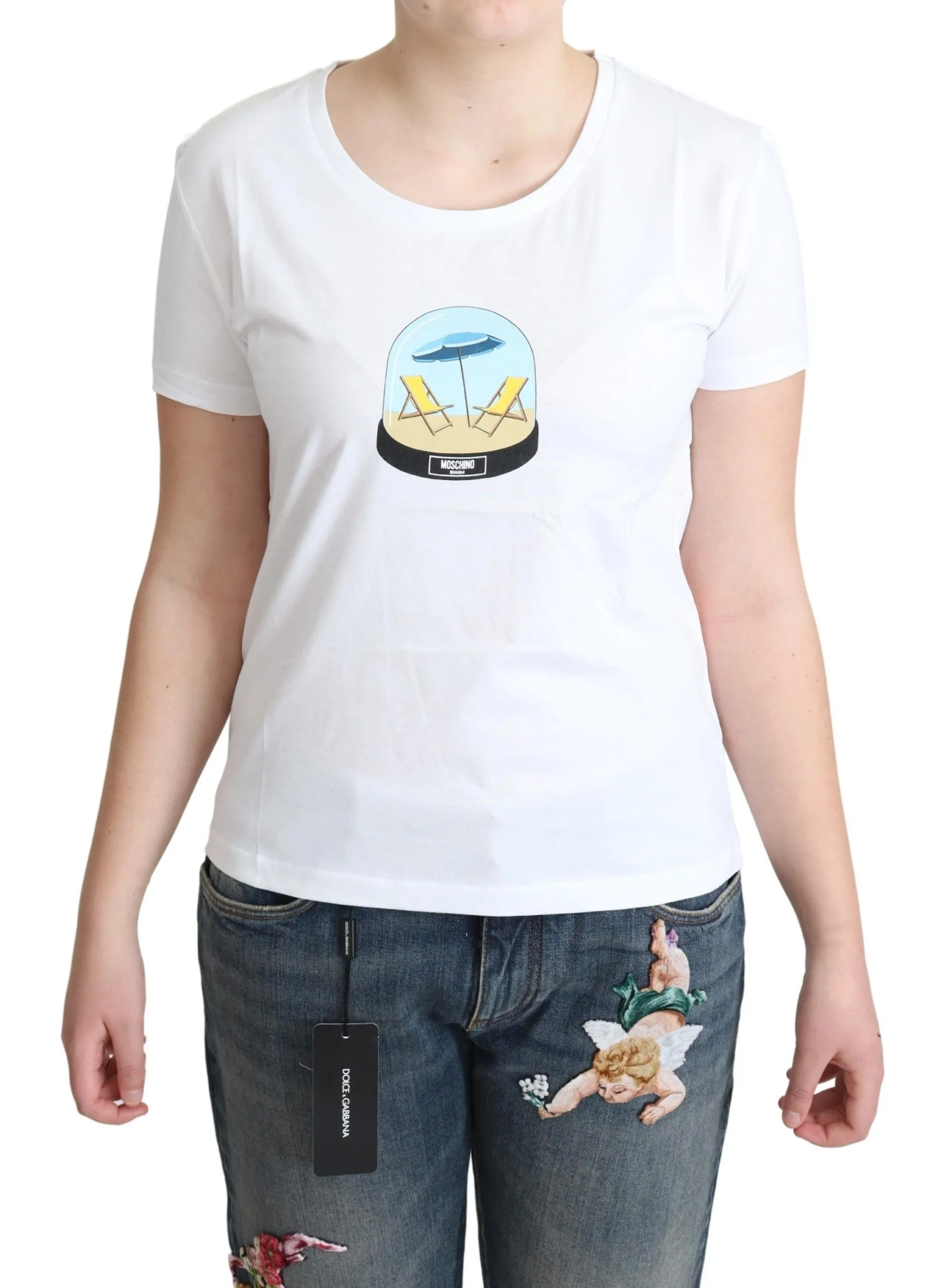 Moschino Women's Chic White Cotton Tee with Iconic Print