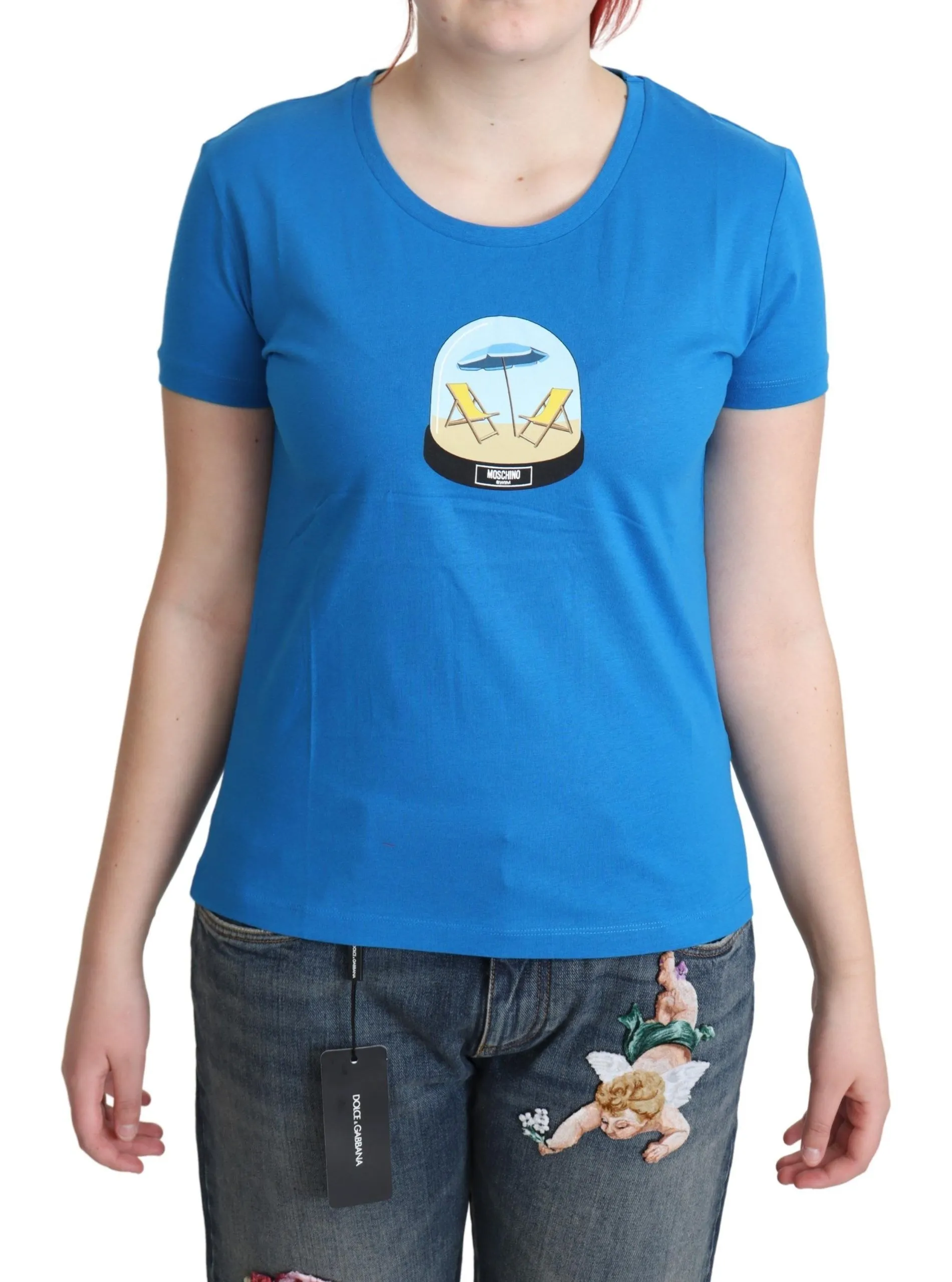 Moschino Women's Chic Blue Cotton Tee with Iconic Print