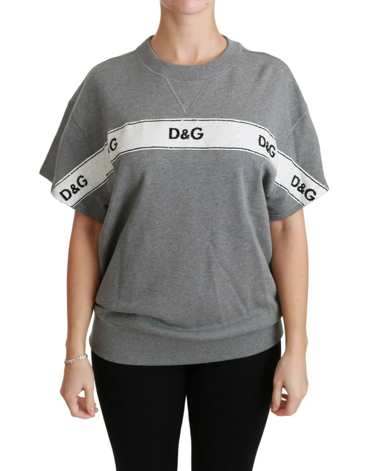 Dolce & Gabbana Women's Sequined Logo Cotton Sweater in Gray