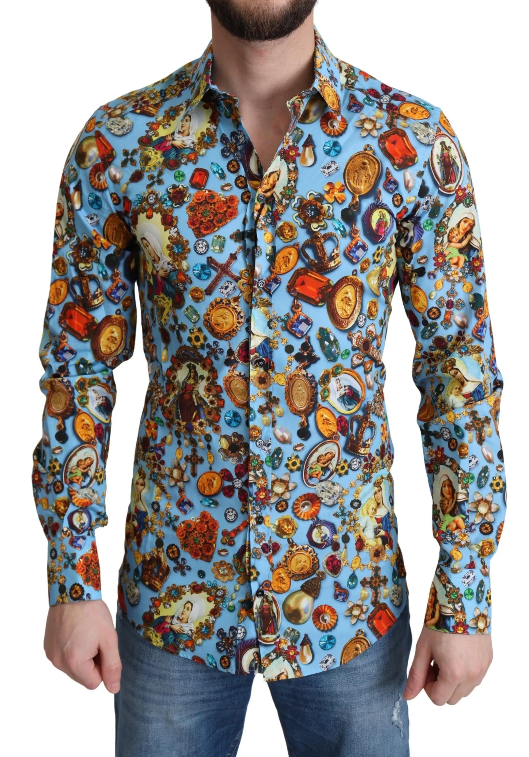 Dolce & Gabbana Men's Elegant Slim Fit Jewelry Print Cotton Shirt