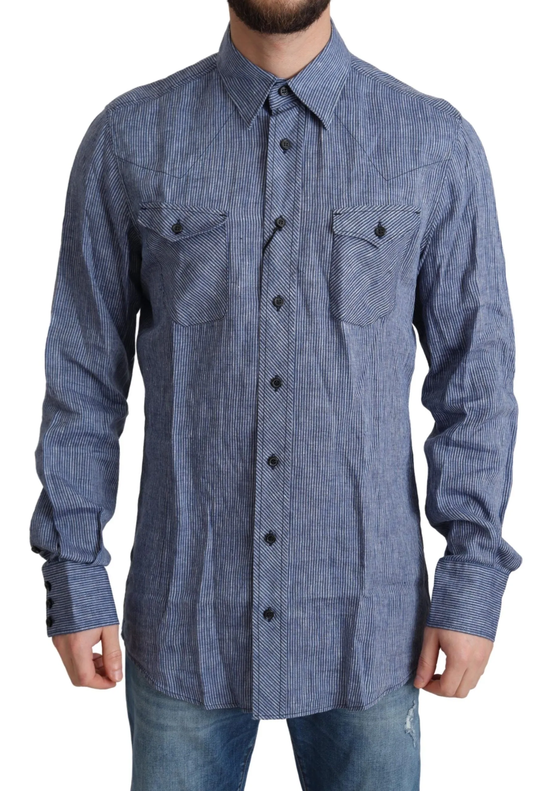 Dolce & Gabbana Men's Elegant Striped Linen Button-Down Shirt