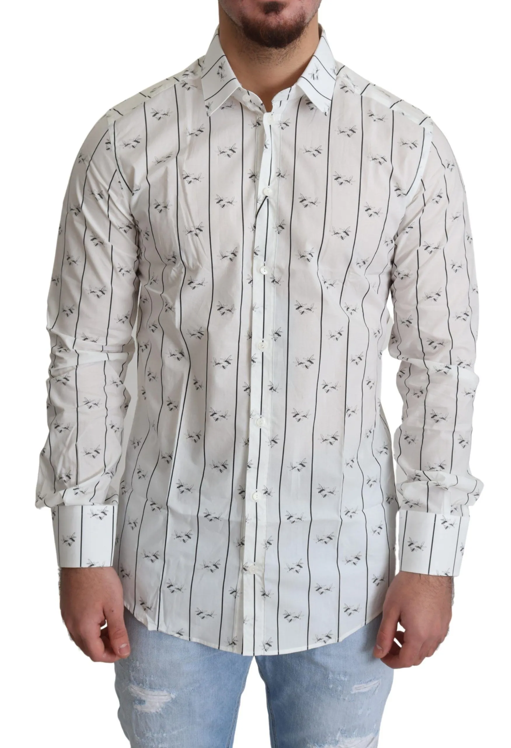 Dolce & Gabbana Men's Elegant White Bee Print Cotton Shirt