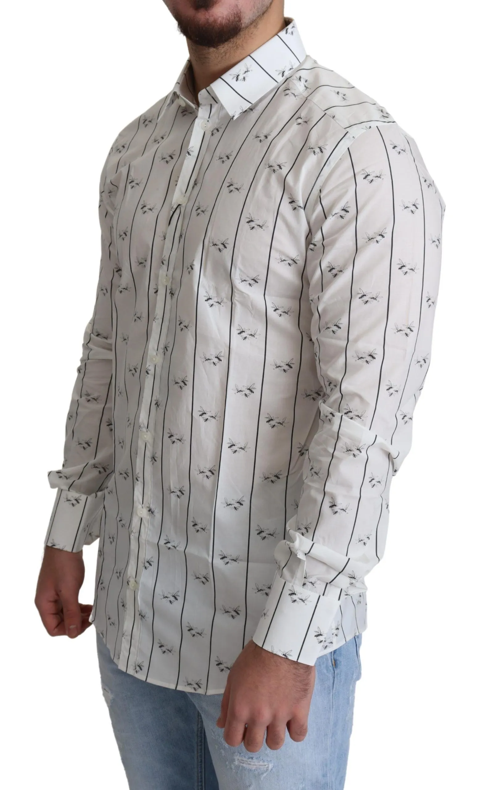 Dolce & Gabbana Men's Elegant White Bee Print Cotton Shirt