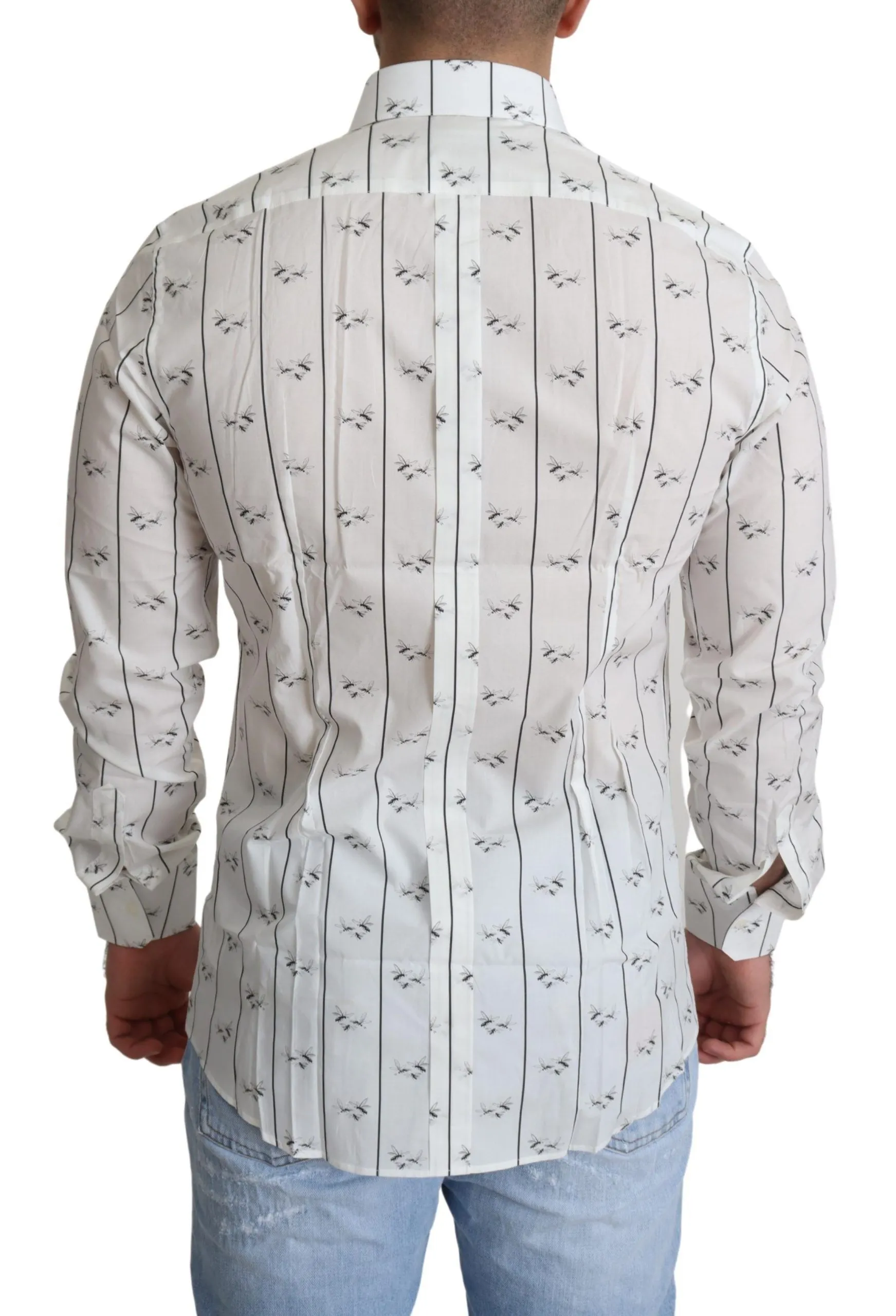 Dolce & Gabbana Men's Elegant White Bee Print Cotton Shirt
