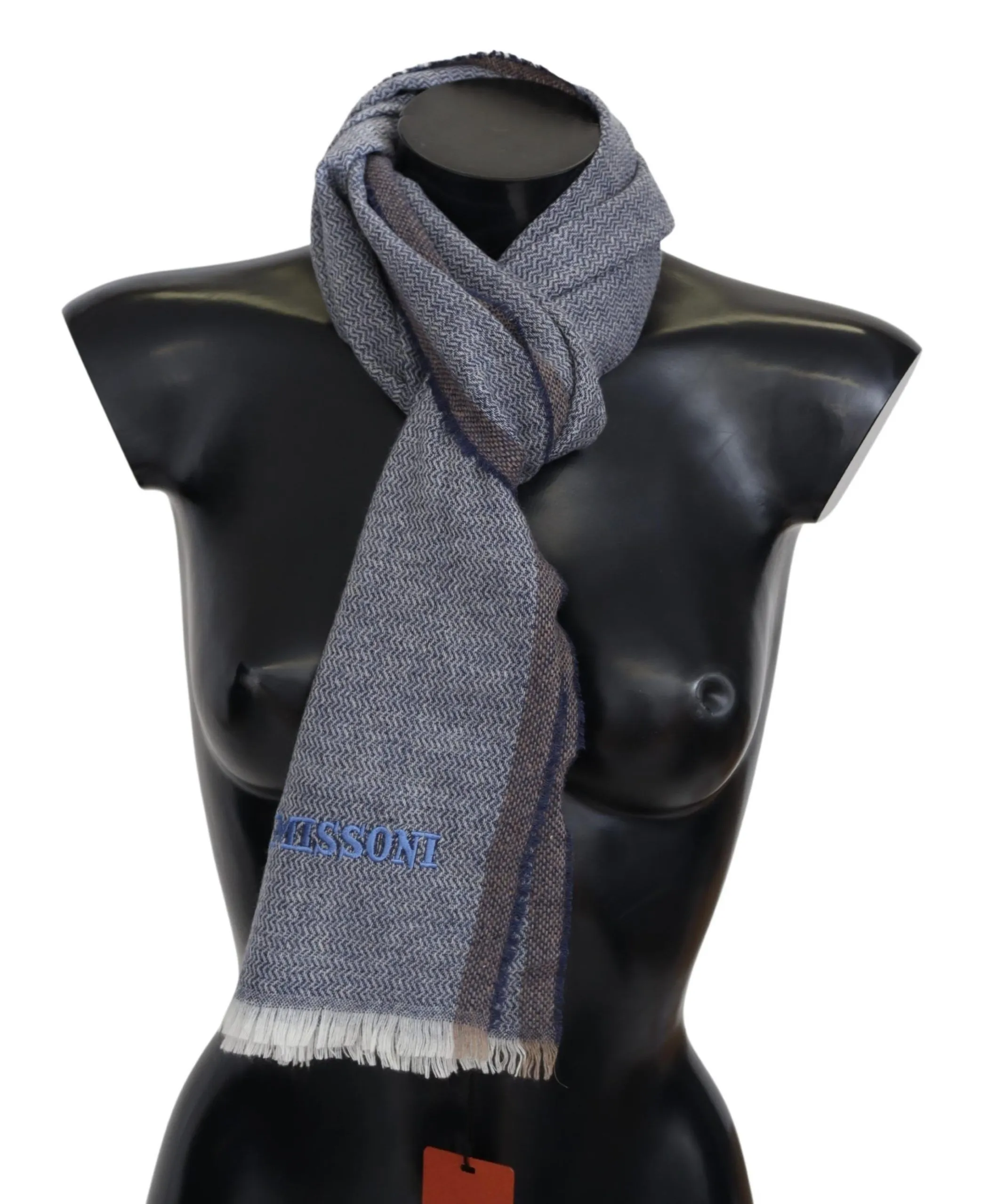 Missoni Men's Elegant Gray Wool Scarf with Stripes and Fringes