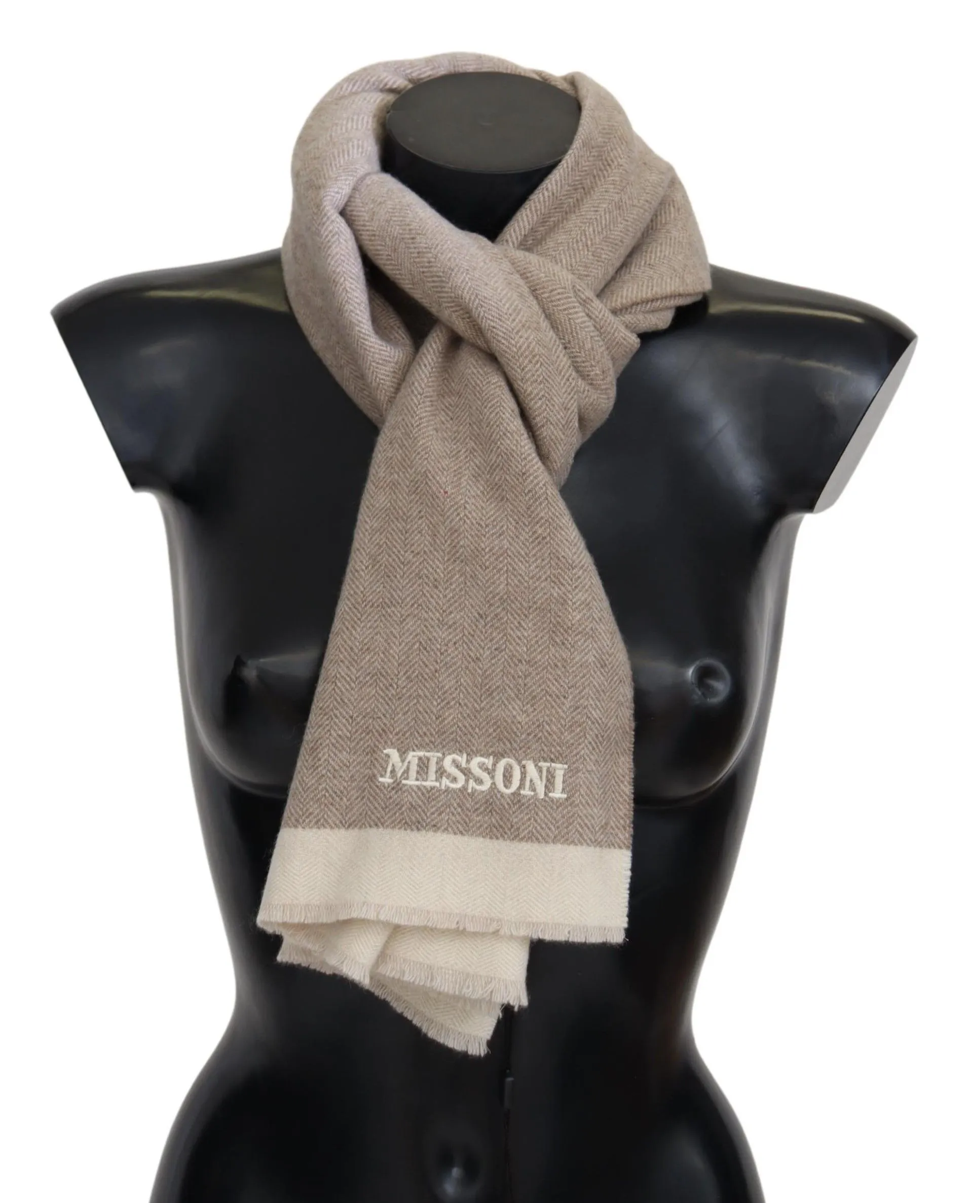 Missoni Men's Beige Wool Scarf with Signature Embroidery