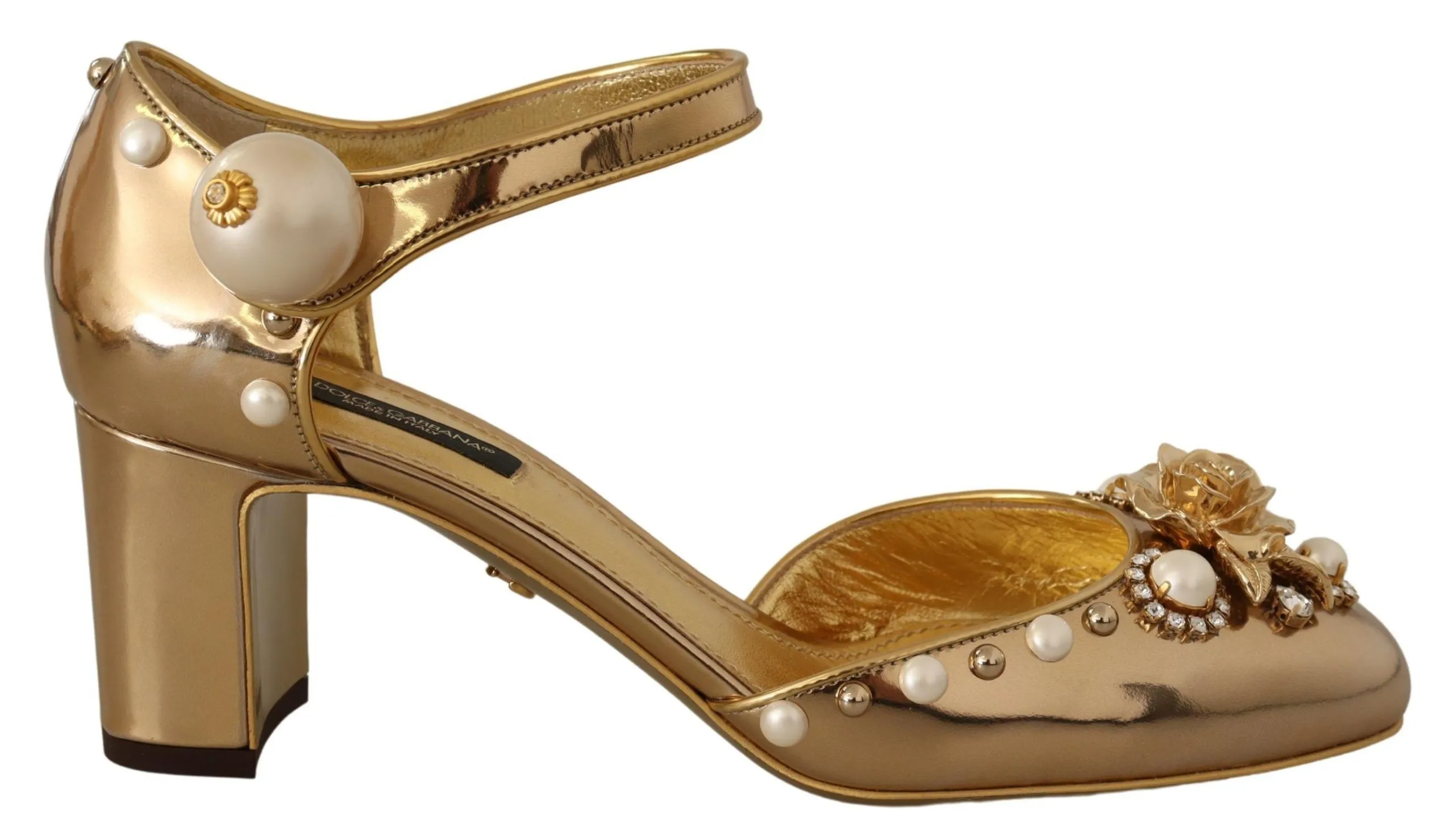 Dolce & Gabbana Women's Elegant Gold Leather Block Heels with Crystals