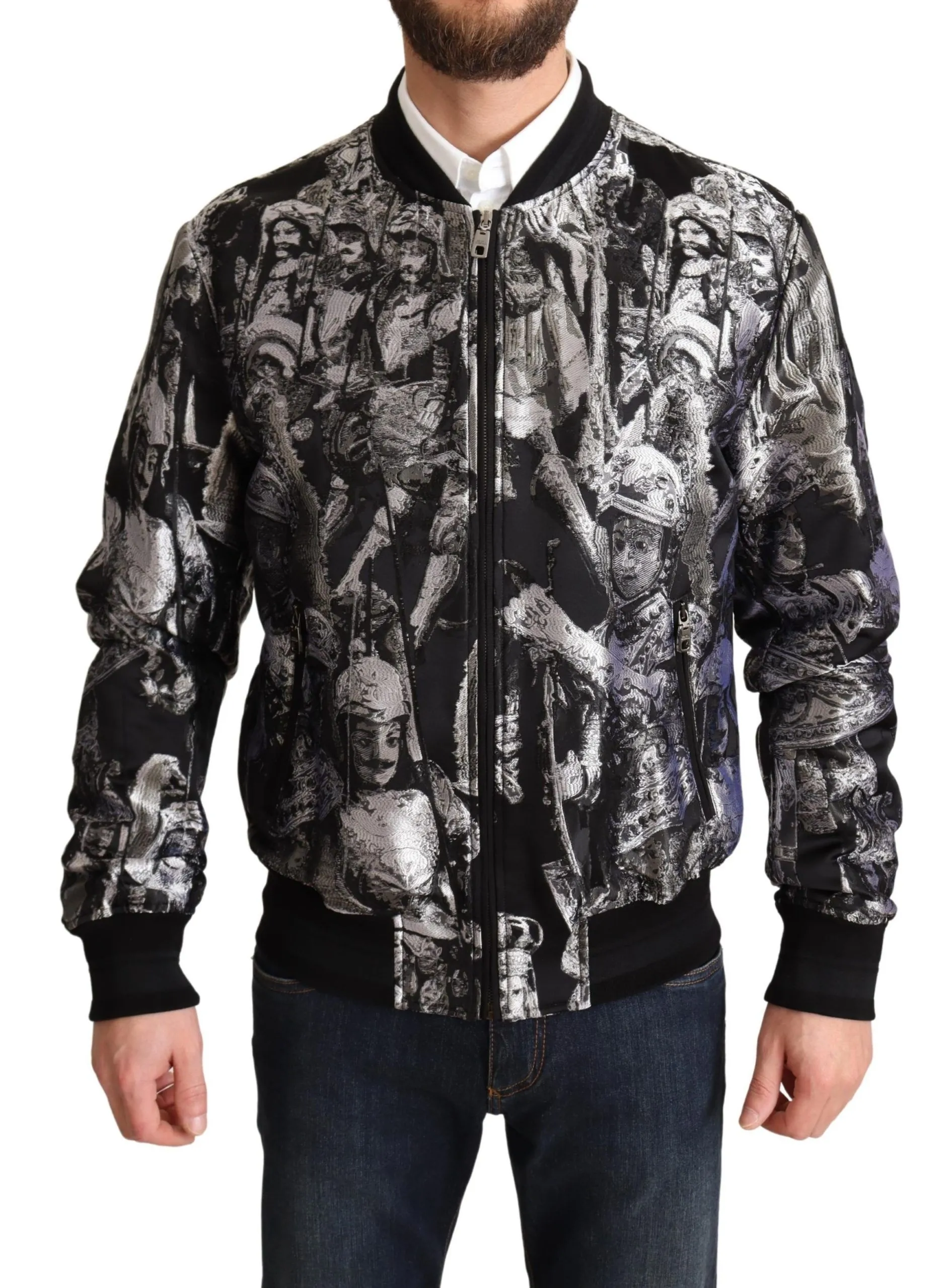 Dolce & Gabbana Men's Elegant Black Bomber Jacket with Silver Details