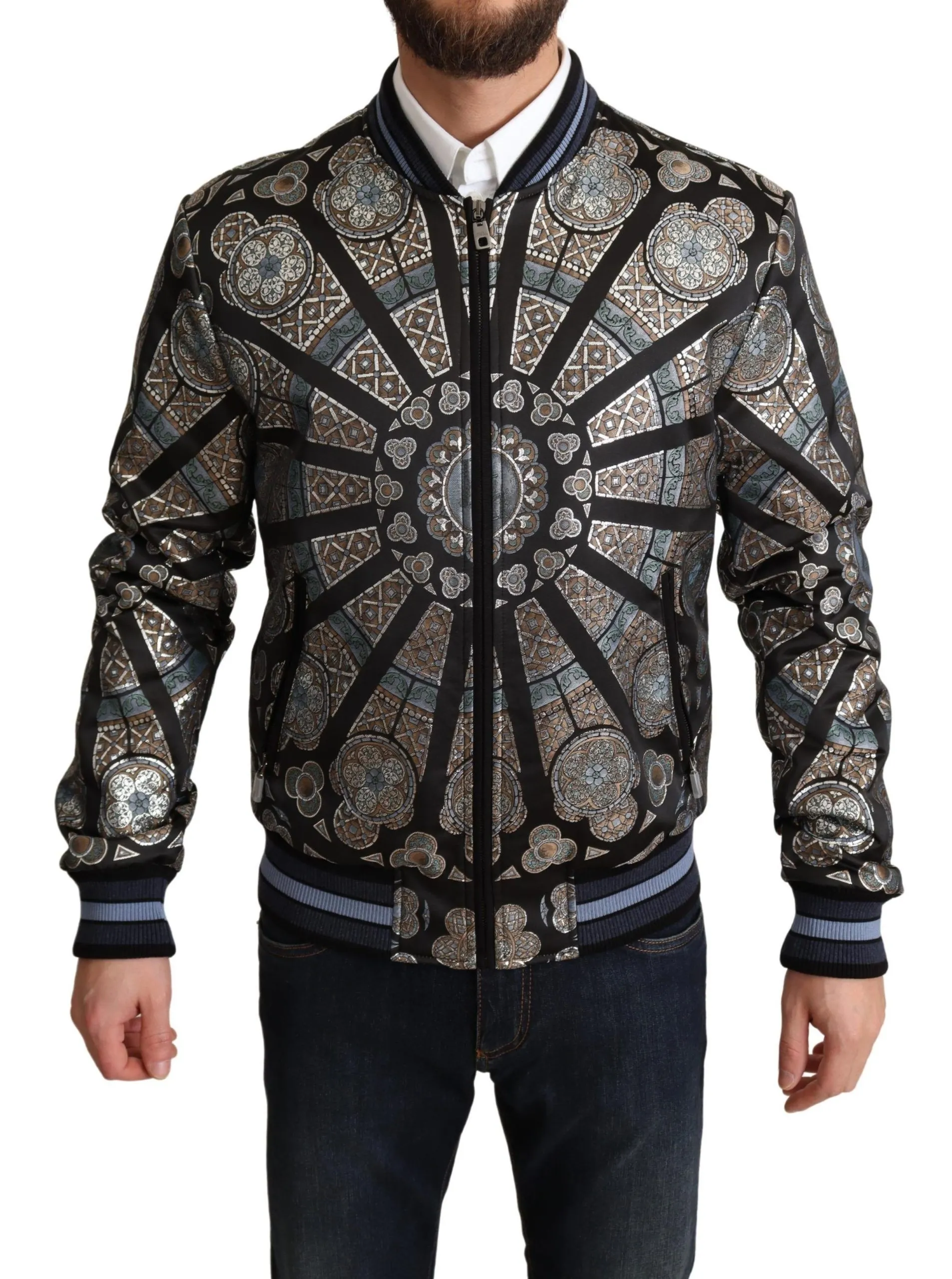 Dolce & Gabbana Men's Elegant Jacquard Bomber Jacket in Blue
