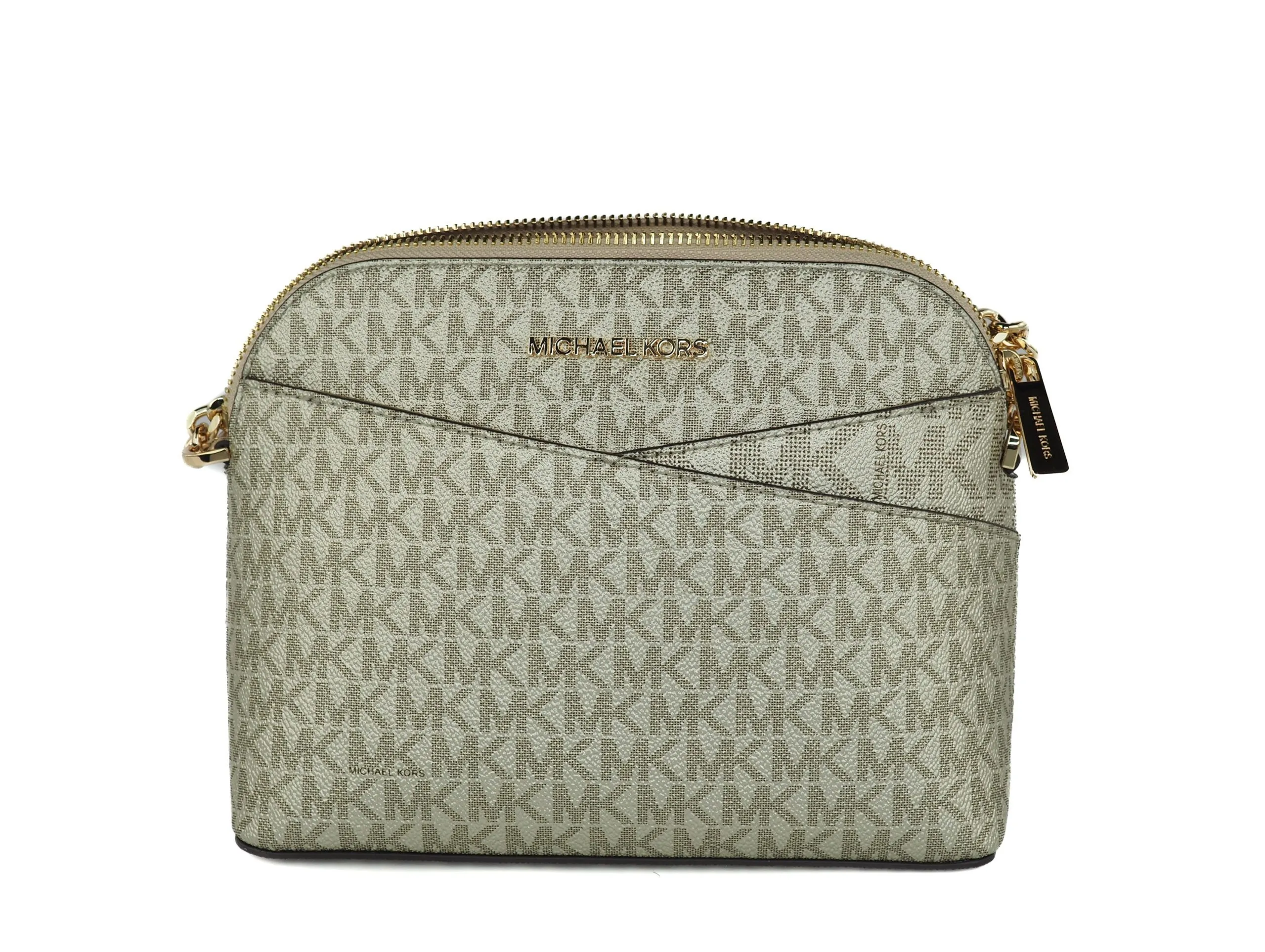 Michael Kors Women's Jet Set Travel Medium Leather X Cross Dome Crossbody Handbag (Pale Gold Signature/Gold)