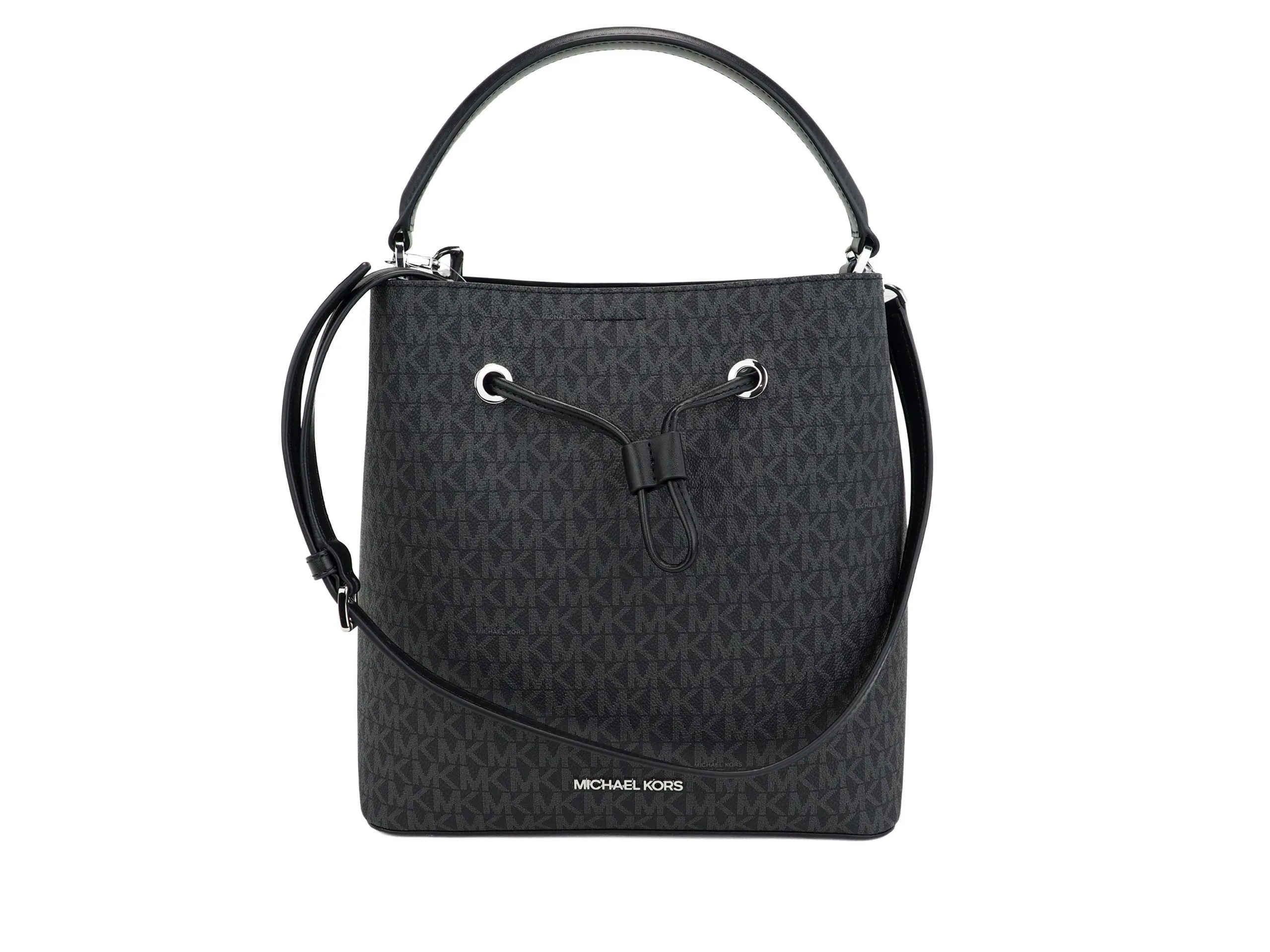 Michael Kors Women's Suri Large Signature PVC Convertible Bucket Bag to Backpack Bag (Black Signature)