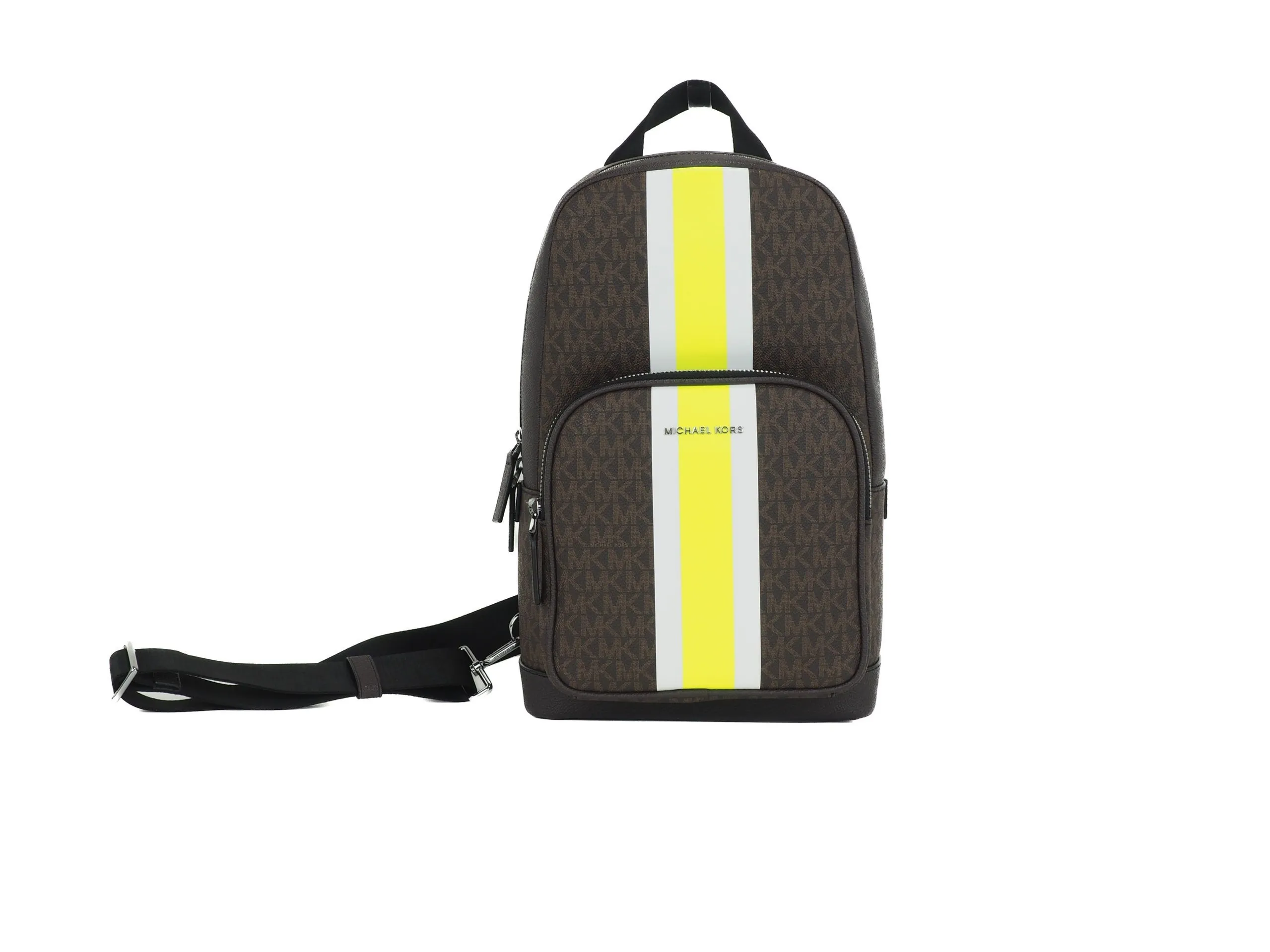 Michael Kors Women's Cooper Medium Signature PVC Varsity Stripe Commuter Slingpack Crossbody Bag (Brown Signature/Neon)