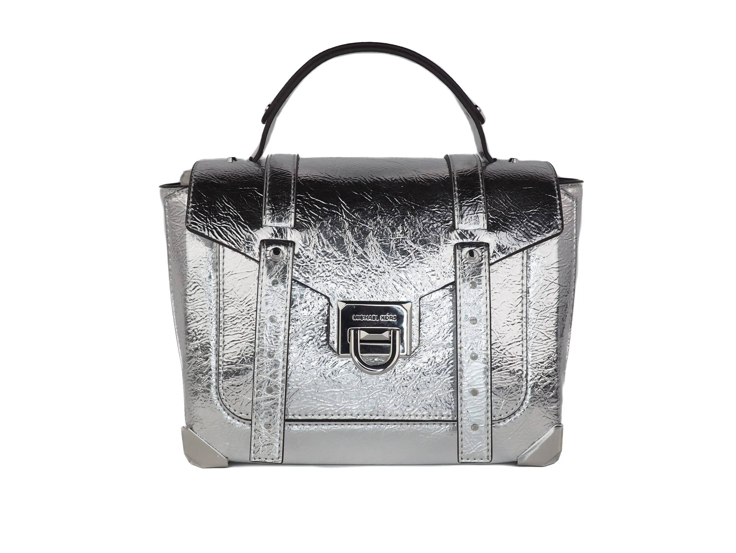 Michael Kors Women's Manhattan Medium Leather Top Handle School Satchel Crossbody Handbag (Silver)