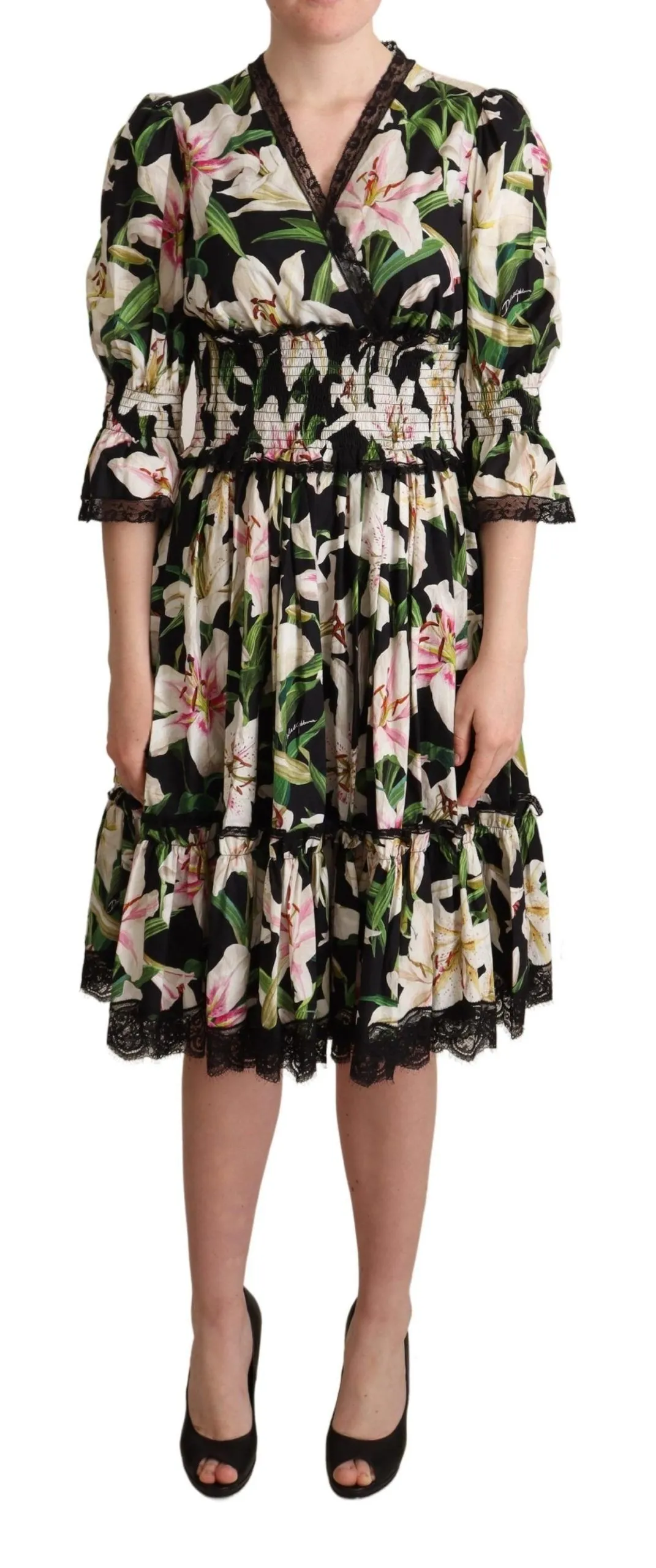 Dolce & Gabbana Women's Elegant Lily Print Midi Dress with Lace Trim