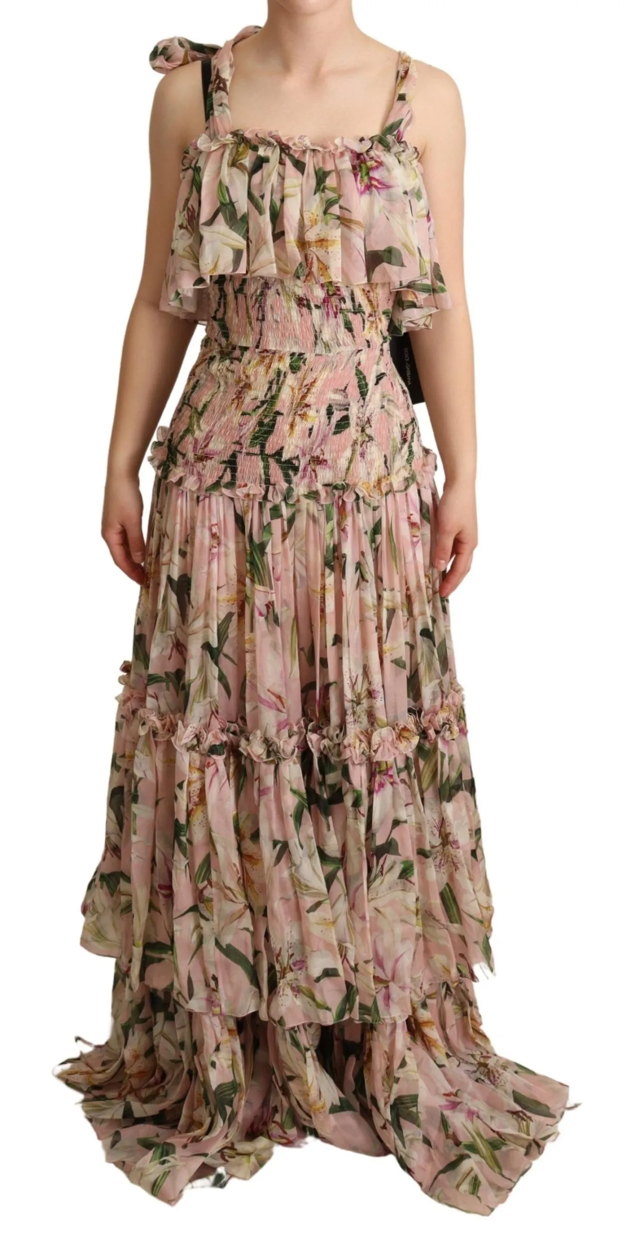 Dolce & Gabbana Women's Elegant Sleeveless Floral Ruched Silk Long Dress
