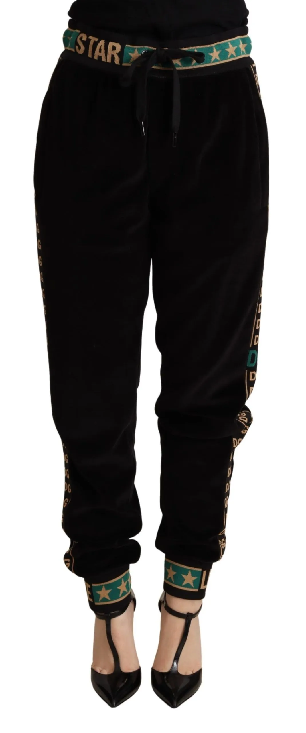 Dolce & Gabbana Women's Chic Black Velour Embroidered Sweatpants
