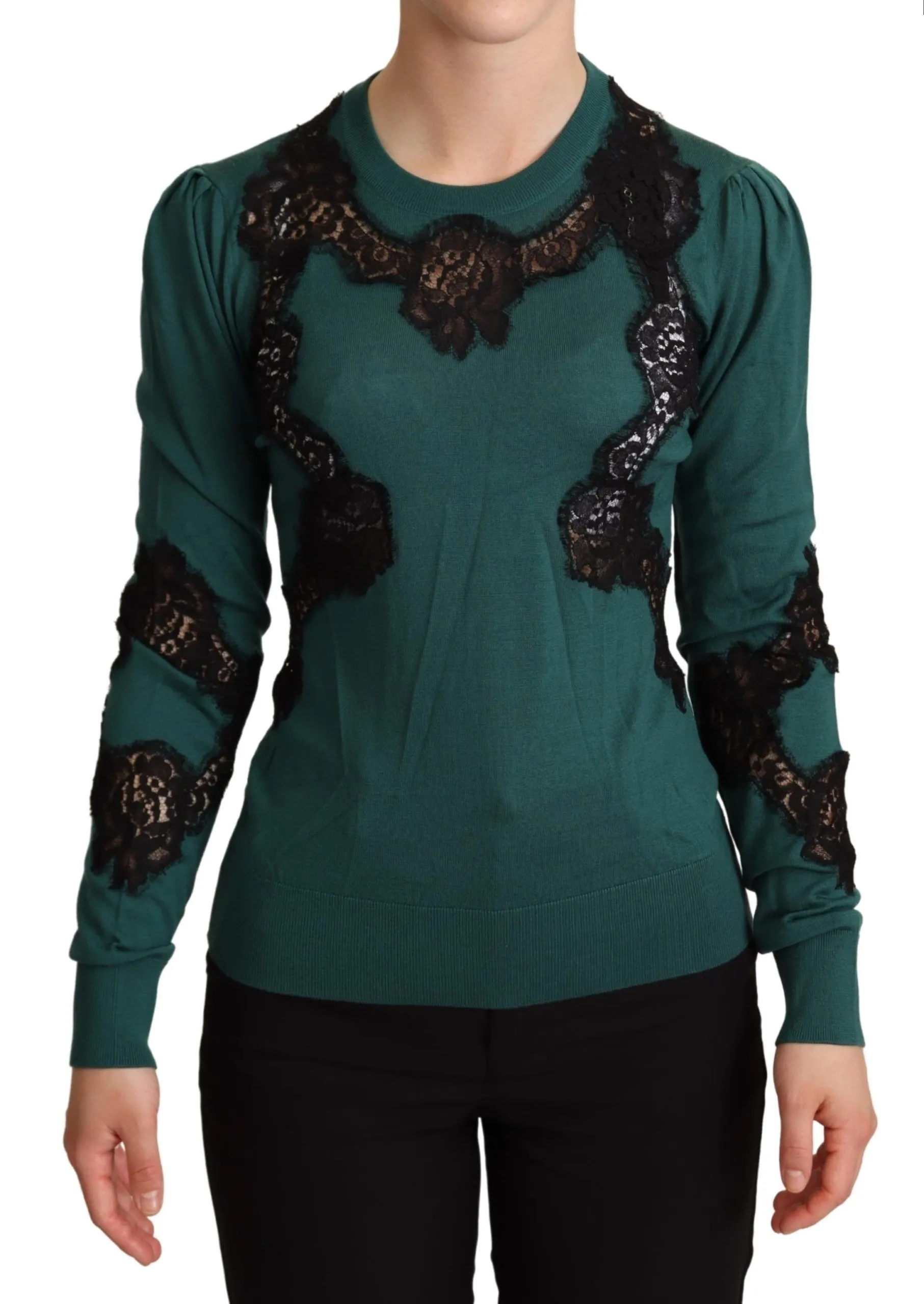 Dolce & Gabbana Women's Elegant Green Pullover with Black Lace Detail