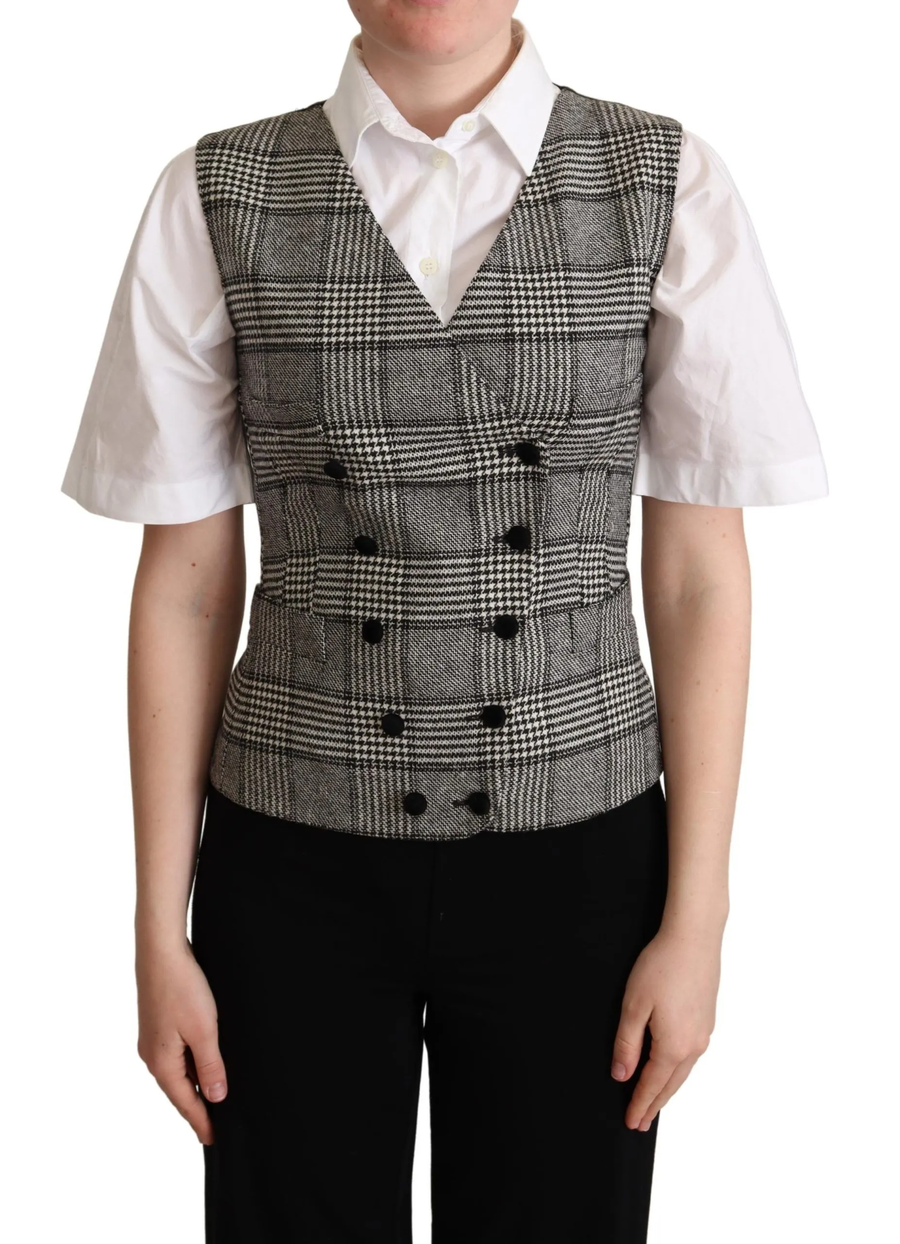 Dolce & Gabbana Women's Elegant Checkered Gray Silk Blend Vest